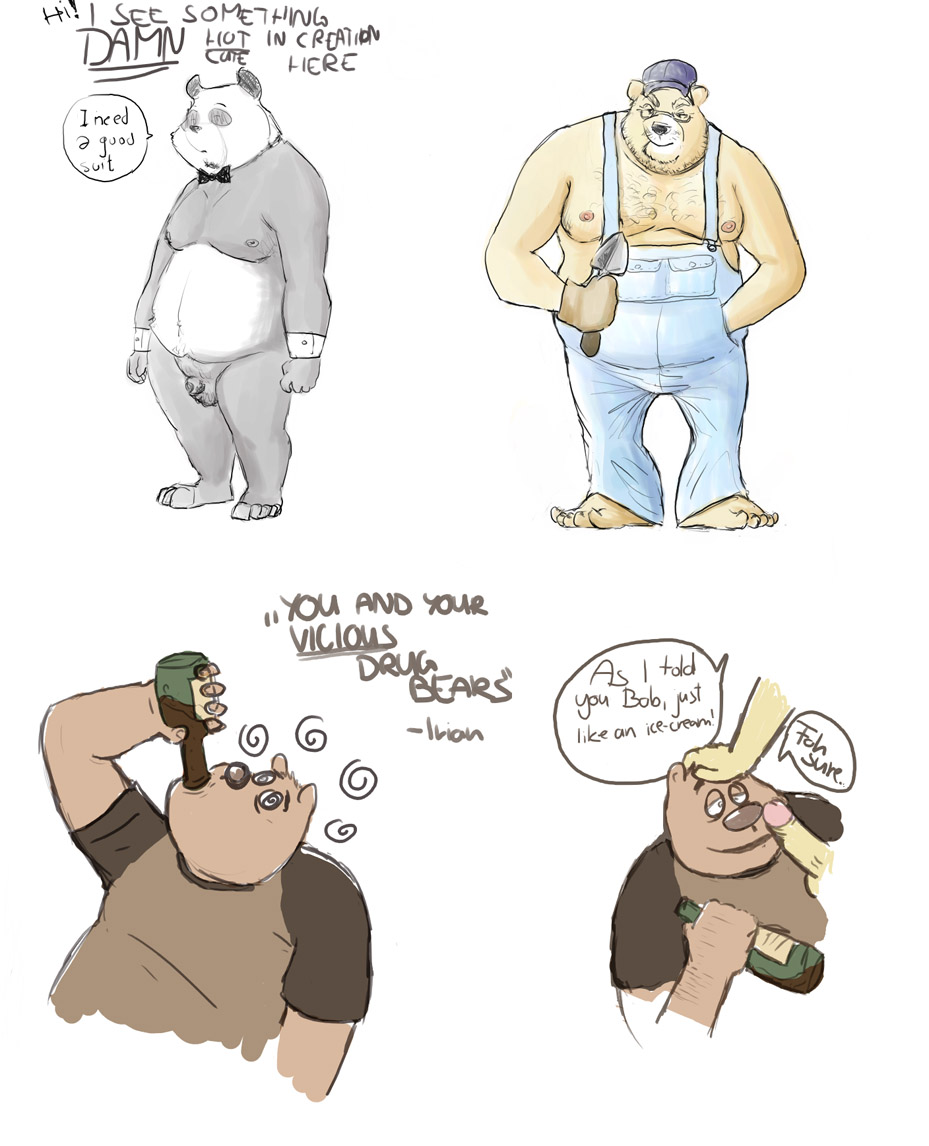 2008 anthro balls black_body black_fur brown_body brown_fur clothing dialogue drinking drunk english_text erection fur genitals giant_panda group hat headgear headwear male male/male mammal osos overalls overweight overweight_male penis simple_background substance_intoxication text ursid white_background white_body white_fur