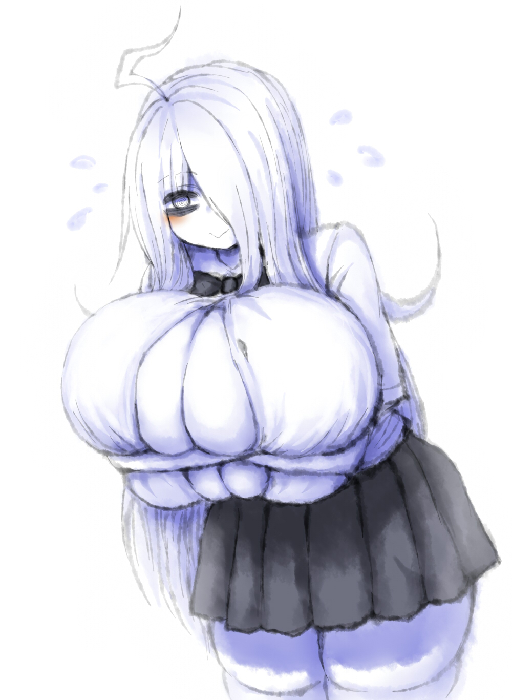 @ @, 2021, 2b213, bags under eyes, blush, bowtie, breasts, bursting breasts, curvy, female, hair over one eye, holding breast, huge breasts, long hair, mei (2b213), one eye covered, open shirt, overflowing breasts, school uniform, skirt, solo, thick, thick thighs, thighhighs, wardrobe malfunction, white background