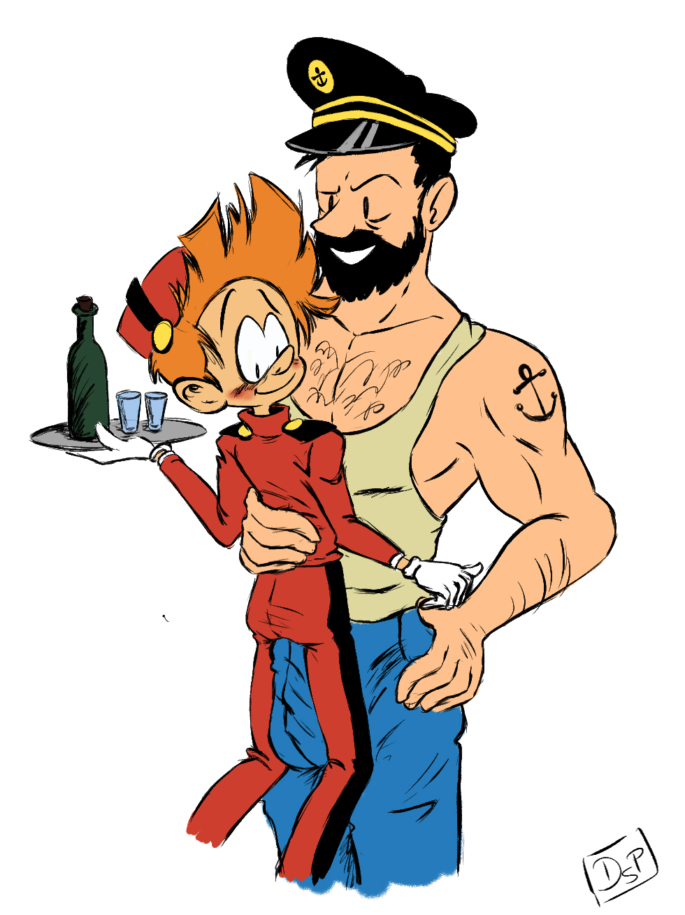 2boys beard bellboy bellboy_uniform black_hair captain_haddock clothed_sex dsptoons erection_under_clothes facial_hair feet_out_of_frame gay gloves hairy_chest liquor_bottle male male_only orange_hair penis_hug pleasure_face shot_glass shoulder_tattoo sitting_on_penis size_difference spirou spirou_magazine tank_top the_adventures_of_tintin tray white_background yaoi