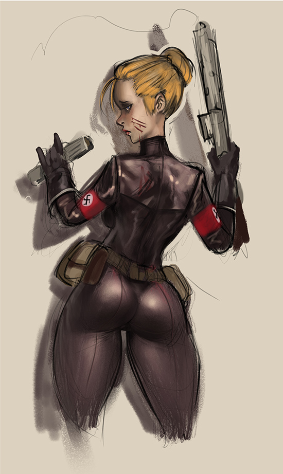 1girls armwear ass belt big_ass big_breasts black_bodysuit blonde_hair blood blood_on_face blue_eyes bodysuit breasts cropped_legs female female_only firearm from_behind gun hairband hourglass_figure human johnd-art latex long_hair looking_at_viewer nazi nazi_armband pale_skin rear_view return_to_castle_wolfenstein rifle simple_background solo solo_female ss_uniform sten_gun submachine_gun swastika swastika_armband waffen-ss weapon wide_hips wolfenstein