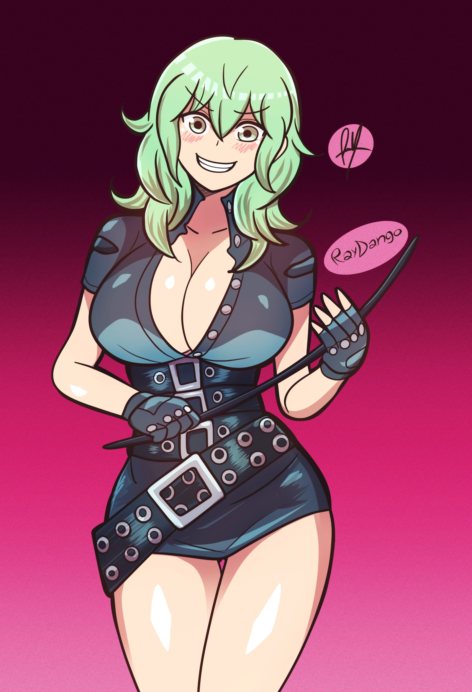1girls, bare legs, bare thighs, breasts, byleth (fire emblem), byleth (fire emblem) (female), cleavage, dominatrix, evil grin, female, femdom, fingerless gloves, fire emblem, fire emblem: three houses, gloves, green eyes, green hair, grin, large breasts, looking at viewer, medium hair, nakano nino, nintendo, open clothes, open shirt, pointer, raydango, smile, solo, submissive pov, whip
