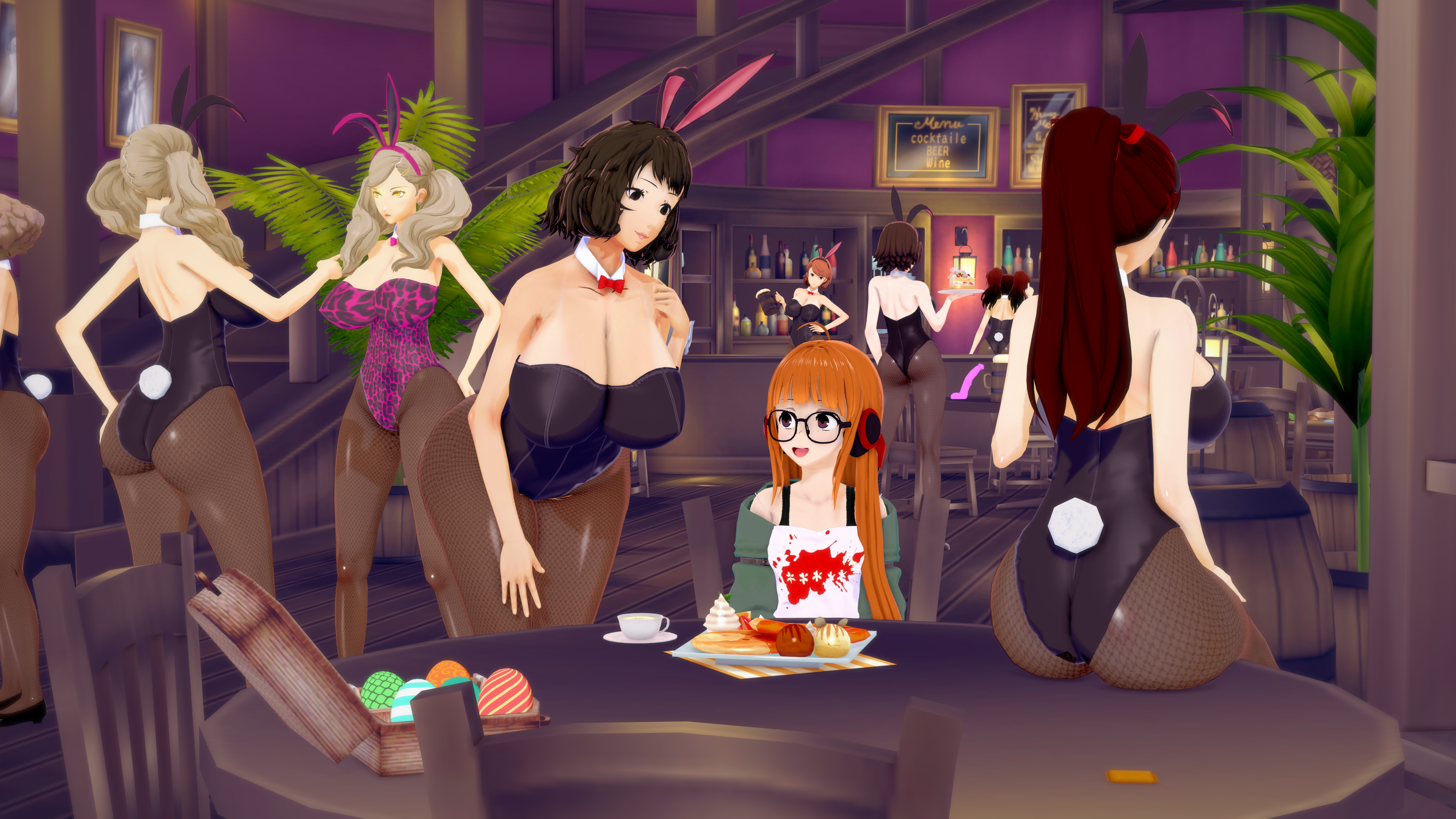 3d, 6+girls, ann takamaki, ass, beer, breasts, bunny ears, bunny girl, bunnysuit, condom, dildo, easter, easter egg, empressaria, female, fishnet stockings, fishnets, haru okumura, huge ass, huge breasts, kasumi yoshizawa, kujikawa rise, large ass, large breasts, makoto niijima, pancake, pantyhose, persona, persona 3, persona 4, persona 5, playboy bunny, sadayo kawakami, sakura futaba, staring at breasts, sumire yoshizawa, yukari takeba