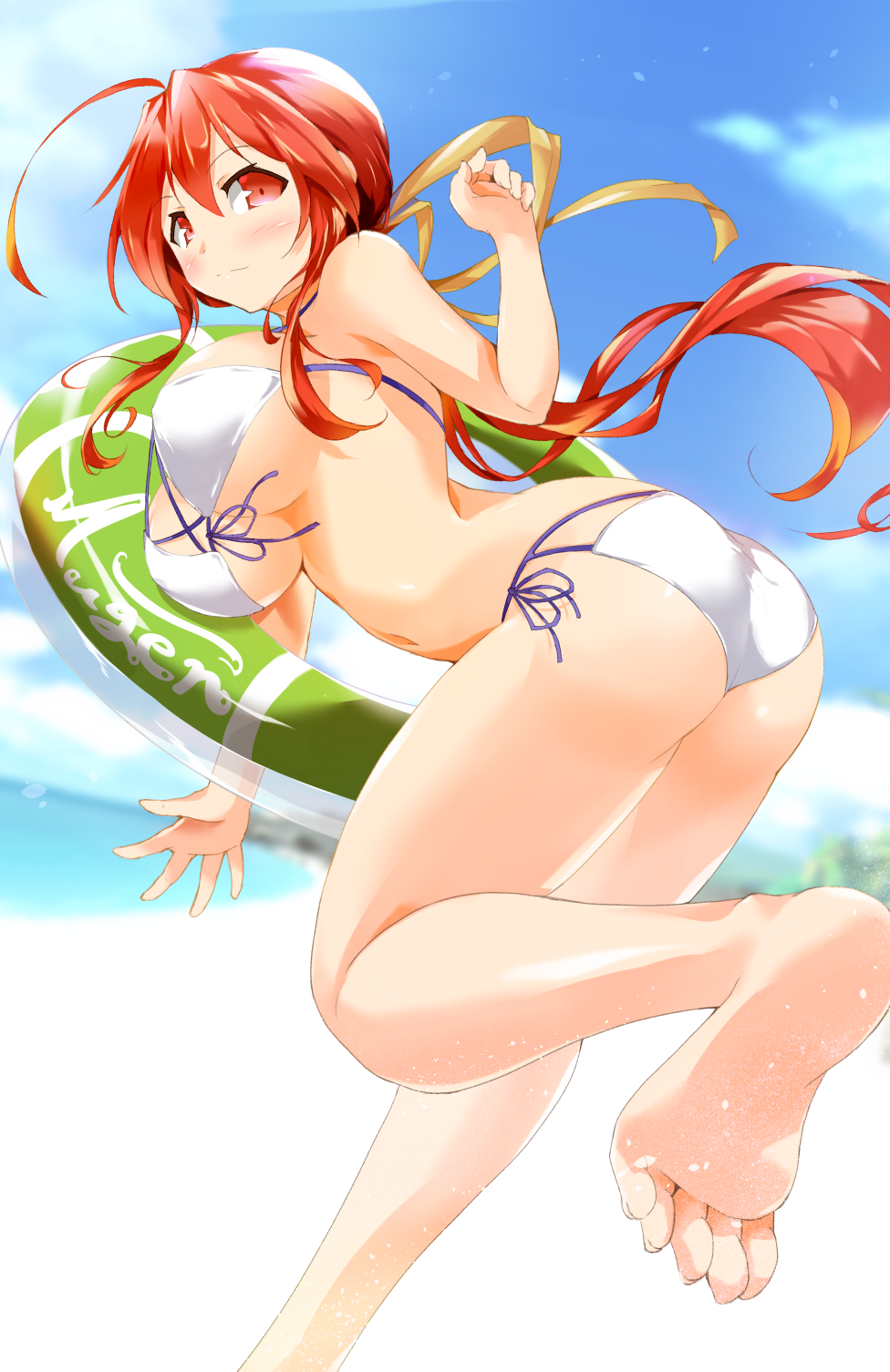 ahoge another_kung_fu_girl beach big_breasts bikini bikini_bottom bikini_top blush dai_fuku feet hair_between_eyes long_hair looking_to_the_side m.u.g.e.n outside ponytail pool_float red_eyes red_hair swimsuit white_bikini