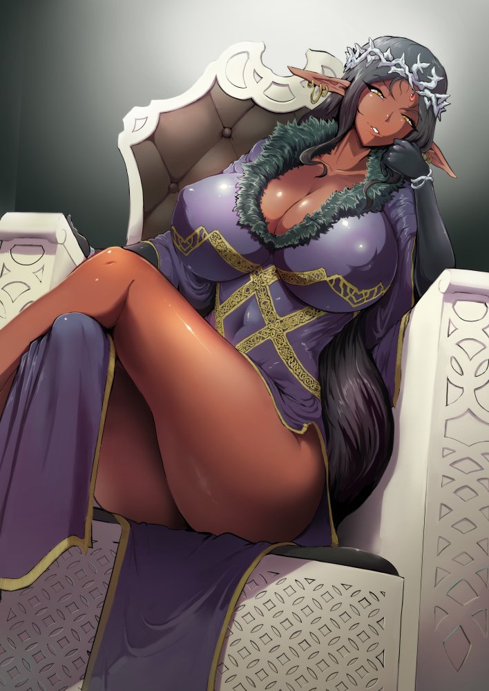 ass, black hair, bracelet, breasts, circlet, cleavage, dark elf, dark skin, dark-skinned female, dress, earrings, elbow gloves, elf, female, female focus, gloves, head tilt, huge breasts, jewelry, legs crossed, long hair, looking at viewer, parted lips, pointy ears, purple dress, queen, revealing clothes, sasaki tatsuya, shiny skin, sitting, skimpy, solo, thick thighs, throne, yellow eyes