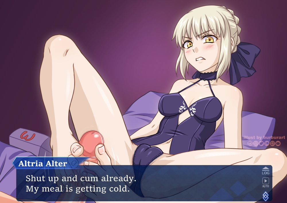 >:( angry annoyed artist_name artoria_pendragon artoria_pendragon_(alter) bare_shoulders barefoot blonde_hair blush burbur censored collarbone commentary disgust embarrassed english_commentary english_text eye_contact eyebrows_visible_through_hair facing_viewer fate/grand_order fate_(series) feet female footjob frown gesugao glaring hair_ornament legs_apart looking_at_another looking_at_viewer mixed-language_commentary mosaic_censoring open_mouth penis spread_legs toes two-footed_footjob v-shaped_eyebrows watermark yellow_eyes