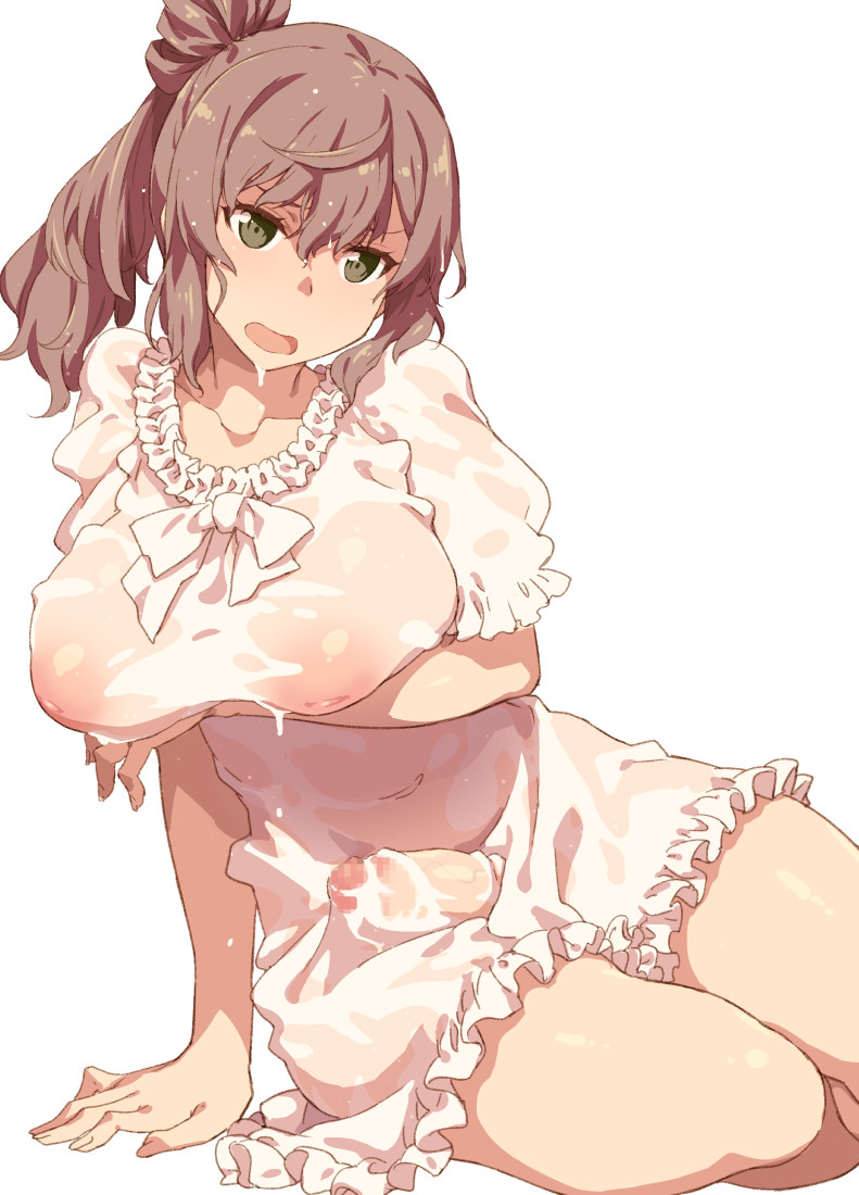 1futa 1girls arm_support breasts censored cevio commentary_request covered_navel cum dress futa_only futanari green_eyes inverted_nipples large_breasts mosaic_censoring open_mouth penis puffy_short_sleeves puffy_sleeves satou_sasara see-through short_hair short_sleeves simple_background sitting solo takemura_sesshuu thighs wet wet_clothes white_background white_dress