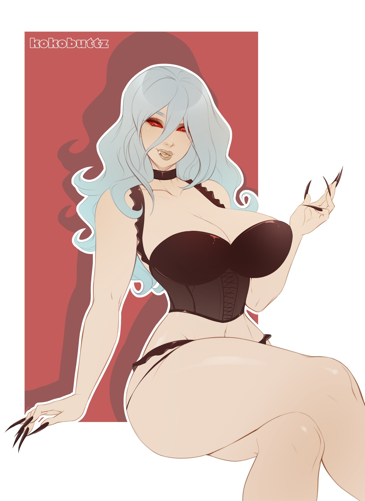 1girls, beatrice von weiss, bustier, choker, female, female only, grey hair, kokobuttz, lingerie, long nails, red eyes, solo, solo female, vampire, warhammer (franchise), warhammer fantasy