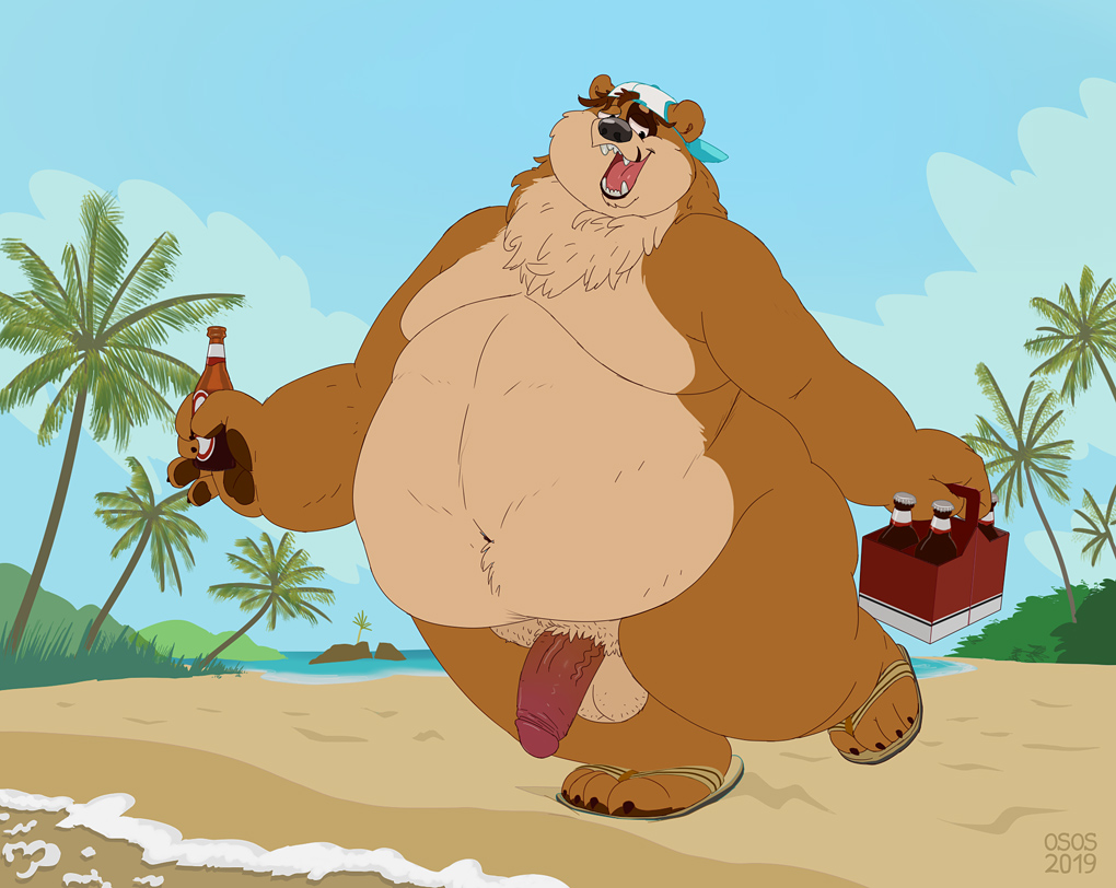 2019 anthro balls beach belly brown_body brown_fur clothing detailed_background drunk feet flip_flops footwear fur genitals hat headgear headwear humanoid_genitalia humanoid_hands humanoid_penis male mammal moobs morbidly_obese obese open_mouth osos overweight overweight_male penis sandals seaside solo substance_intoxication uncensored ursid