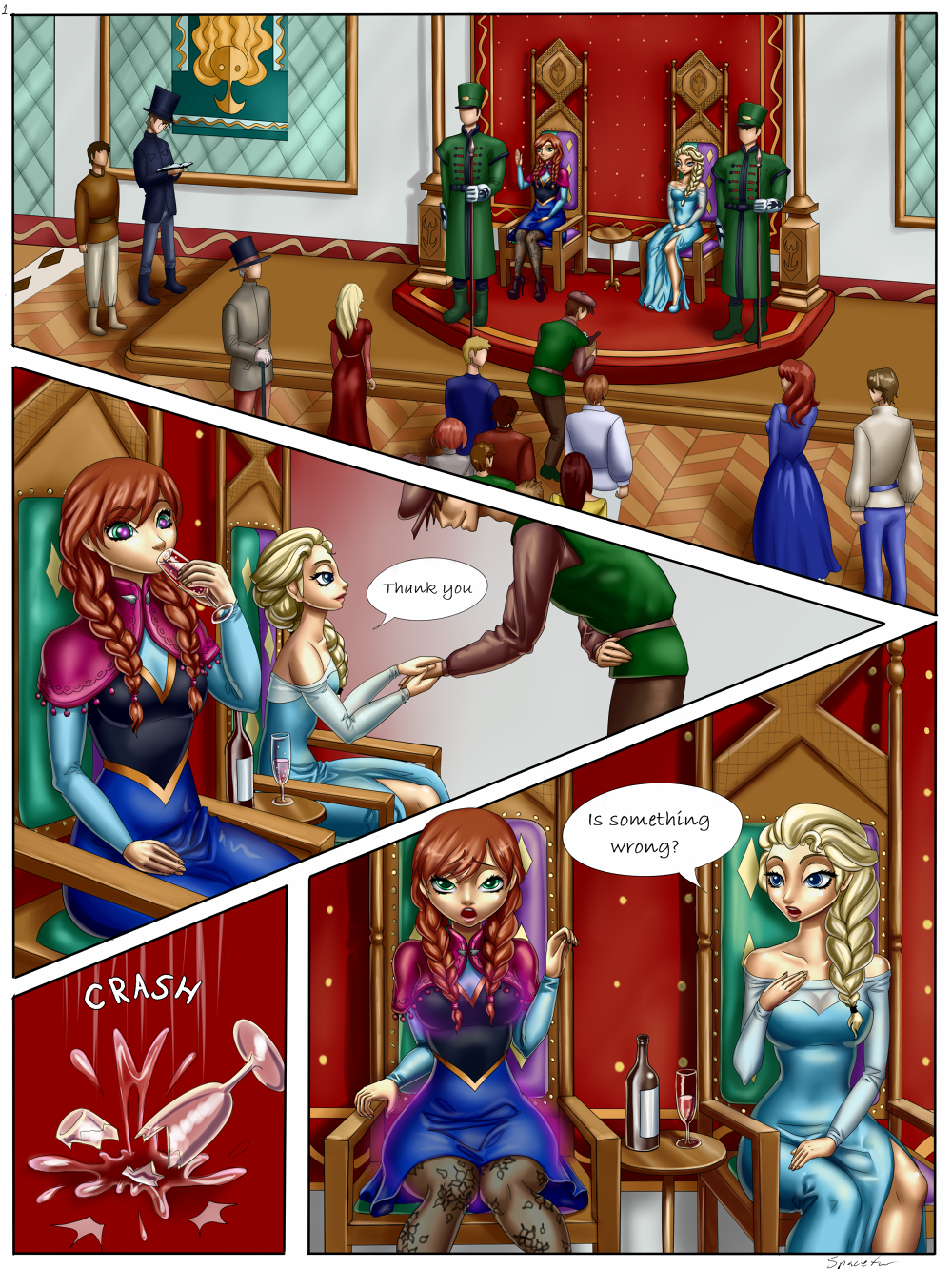 2girls anna_(frozen) blonde_hair breasts broken_glass cleavage clothing comic commission dialogue disney dress drinking elsa_(frozen) female frozen_(film) lilith_art long_hair male red_hair wine_glass