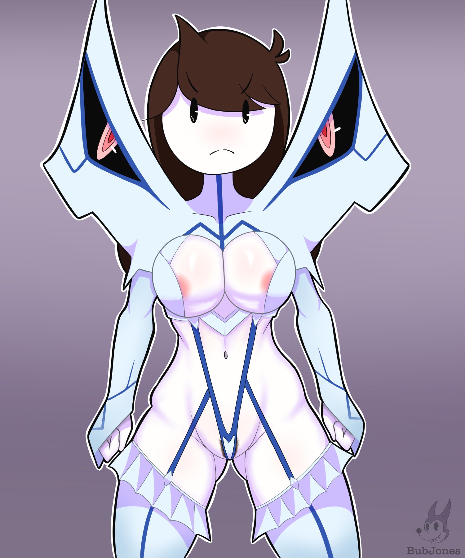 2021, alternate costume, areola, areola slip, armor, breasts, brown hair, bubjones, cosplay, eyebrows, eyebrows visible through hair, female, hi res, jaiden, jaiden animations, jaidenanimations, junketsu, junketsu (cosplay), kill la kill, kiryuuin satsuki (cosplay), looking at viewer, navel, pubes, pubic hair, signature, solo, standing, watermark, youtube, youtuber