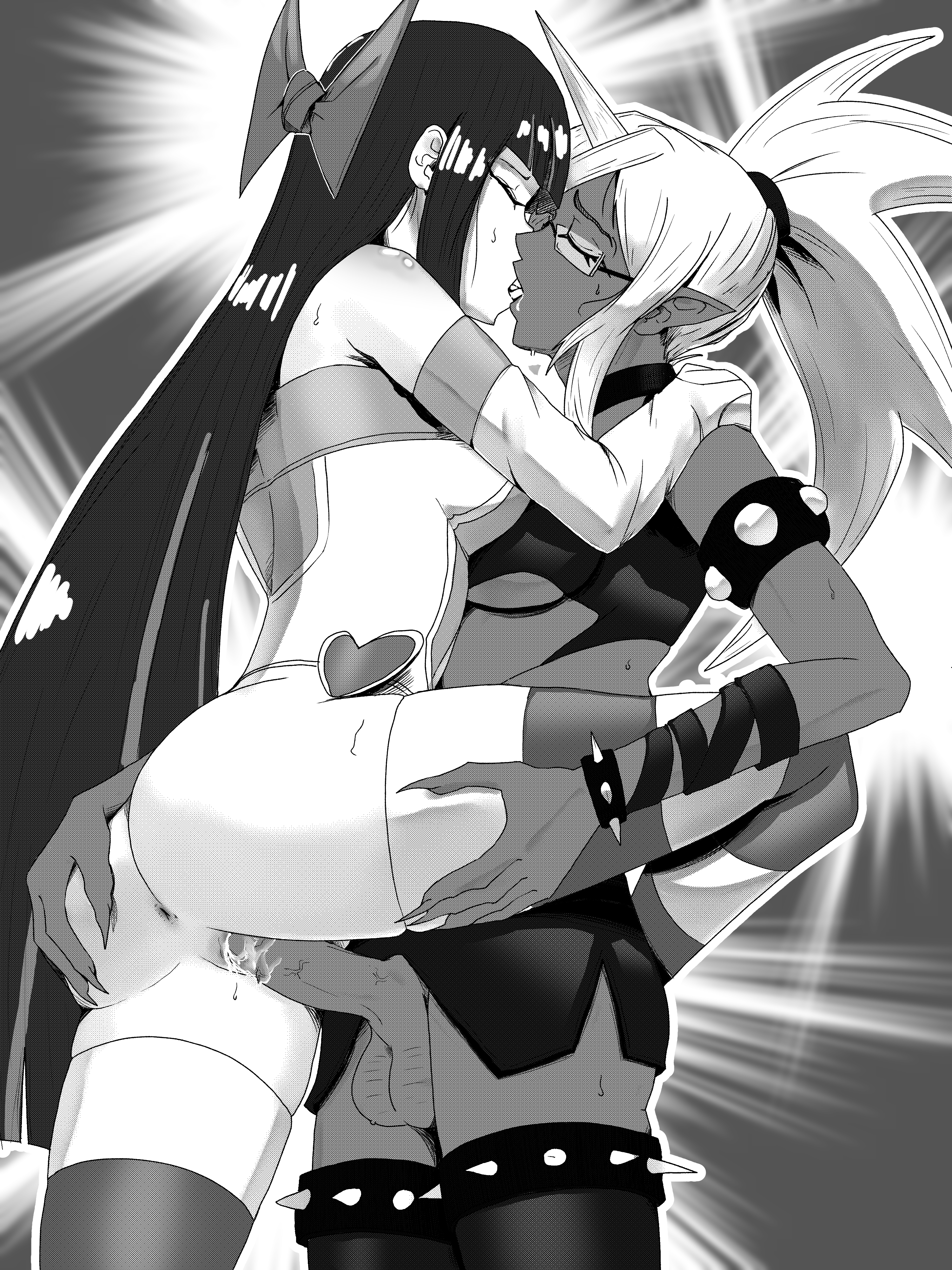 ass, ass grab, black and white, demon, demon girl, female, futa on female, futanari, intersex, kissing, kneesocks daemon, legs around waist, long hair, mokimolewds, monochrome, panty & stocking with garterbelt, skirt, standing sex, stocking anarchy, stockings