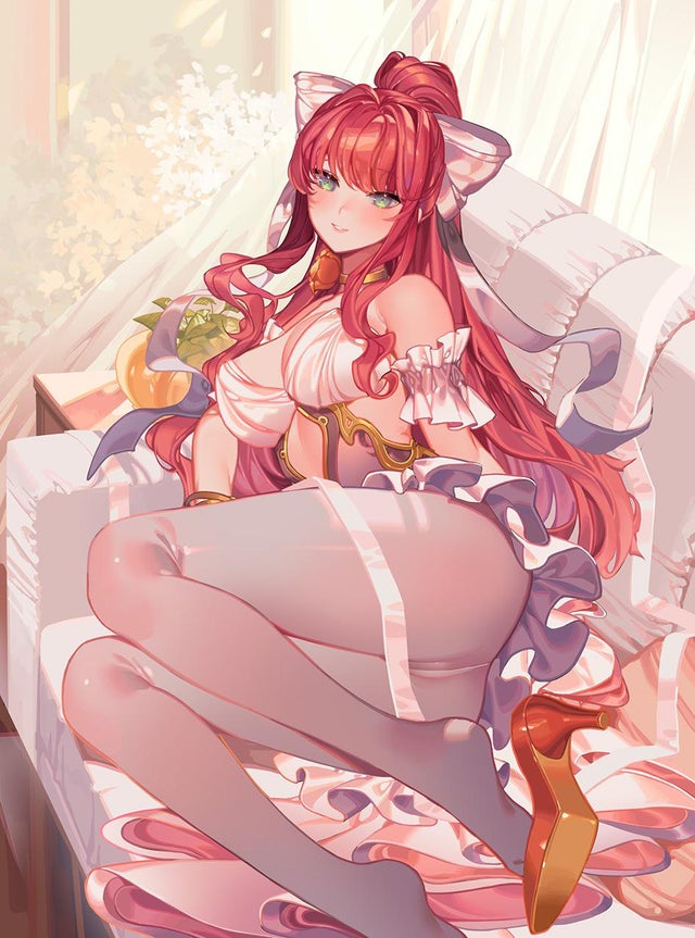 1girls, ass, barely visible pussy, breasts, brown hair, doki doki literature club, female, green eyes, hair ribbon, high heels, long hair, looking at viewer, medium breasts, monika (doki doki literature club), orange sekaii, pantyhose, ponytail, pussy, ribbon, see-through, see-through clothing, skirt, solo, thick thighs, upskirt, white bra, white legwear, white pantyhose, white ribbon, white skirt, white topwear