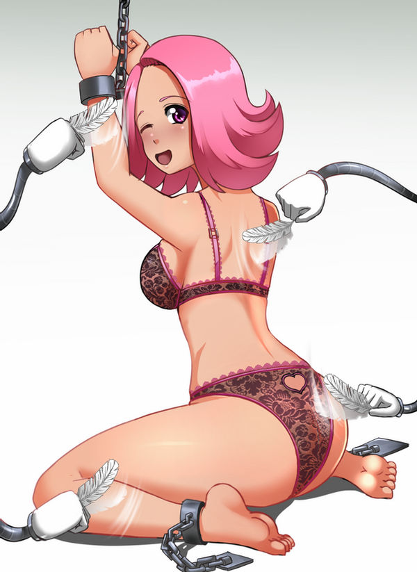 1girls ace_attorney april_may artist_request blush bra breasts chains feathers female_ass lace-trimmed_bra lace-trimmed_lingerie lace-trimmed_panties lace_trim lingerie looking_at_viewer open_mouth panties pink_hair sideboob tagme tickling tied_up underwear underwear_only winking