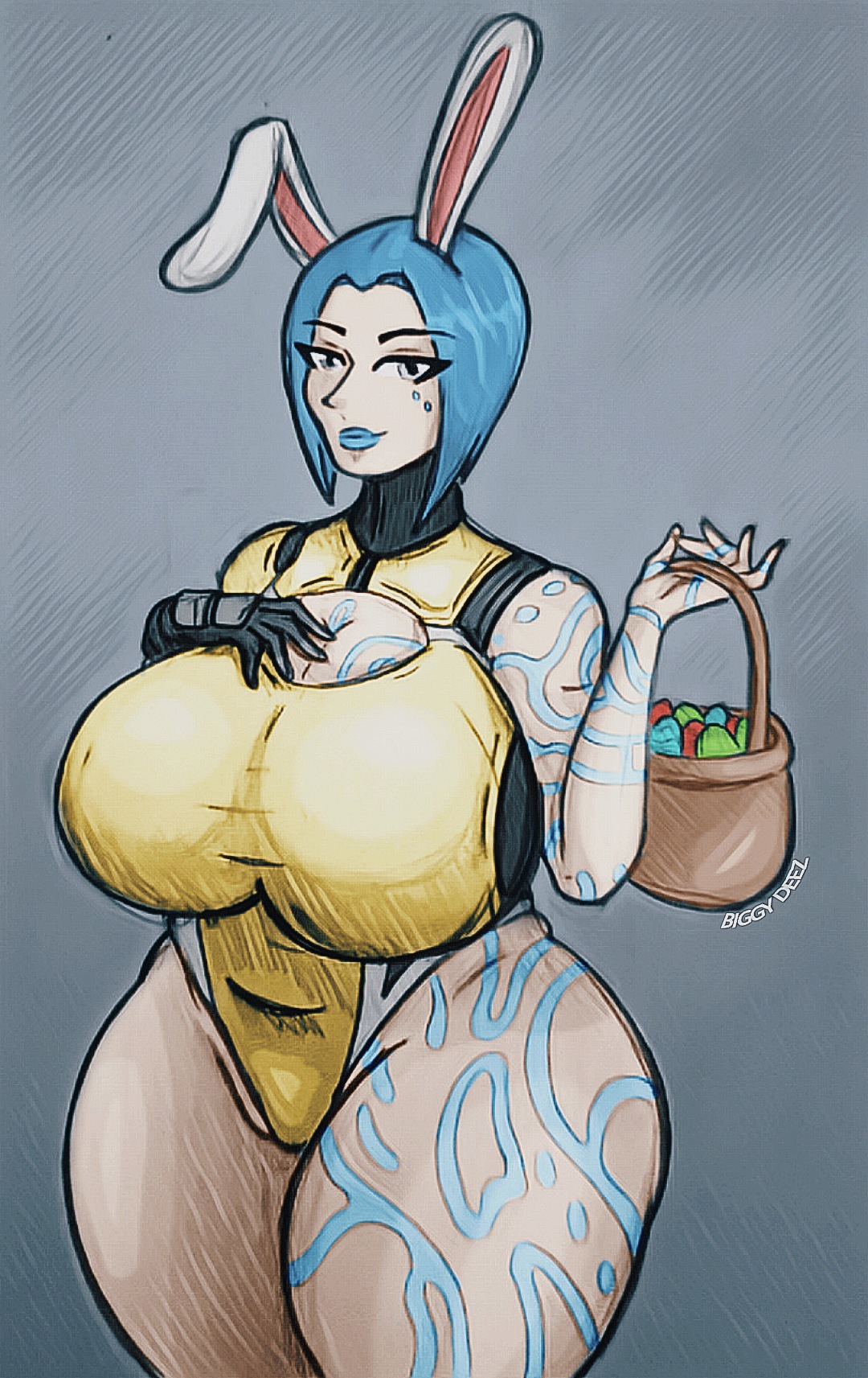 1girls, 2d, basket, big breasts, biggy deez, blue hair, blue lipstick, bob cut, body markings, borderlands, borderlands 2, breasts, bunny ears, easter, easter basket, easter bunny, easter egg, fat thighs, female, female only, gearbox software, huge breasts, huge thighs, leotard, light skin, light-skinned female, maya (borderlands), pale skin, pale-skinned female, siren (borderlands), siren markings, solo, solo female, tattoo, tattoos, thick thighs, thighs, traditional media (artwork)