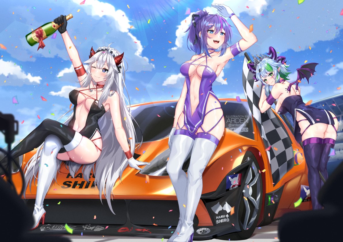 3girls ardenlolo blue_hair bottle car clothing cloud drink froot gloves green_hair high_heel_boots high_heels lich melody_(projektmelody) multicolored_hair outside projektmelody purple_hair race_queen silver_hair sky succubus veibae virtual_youtuber vshojo white_hair