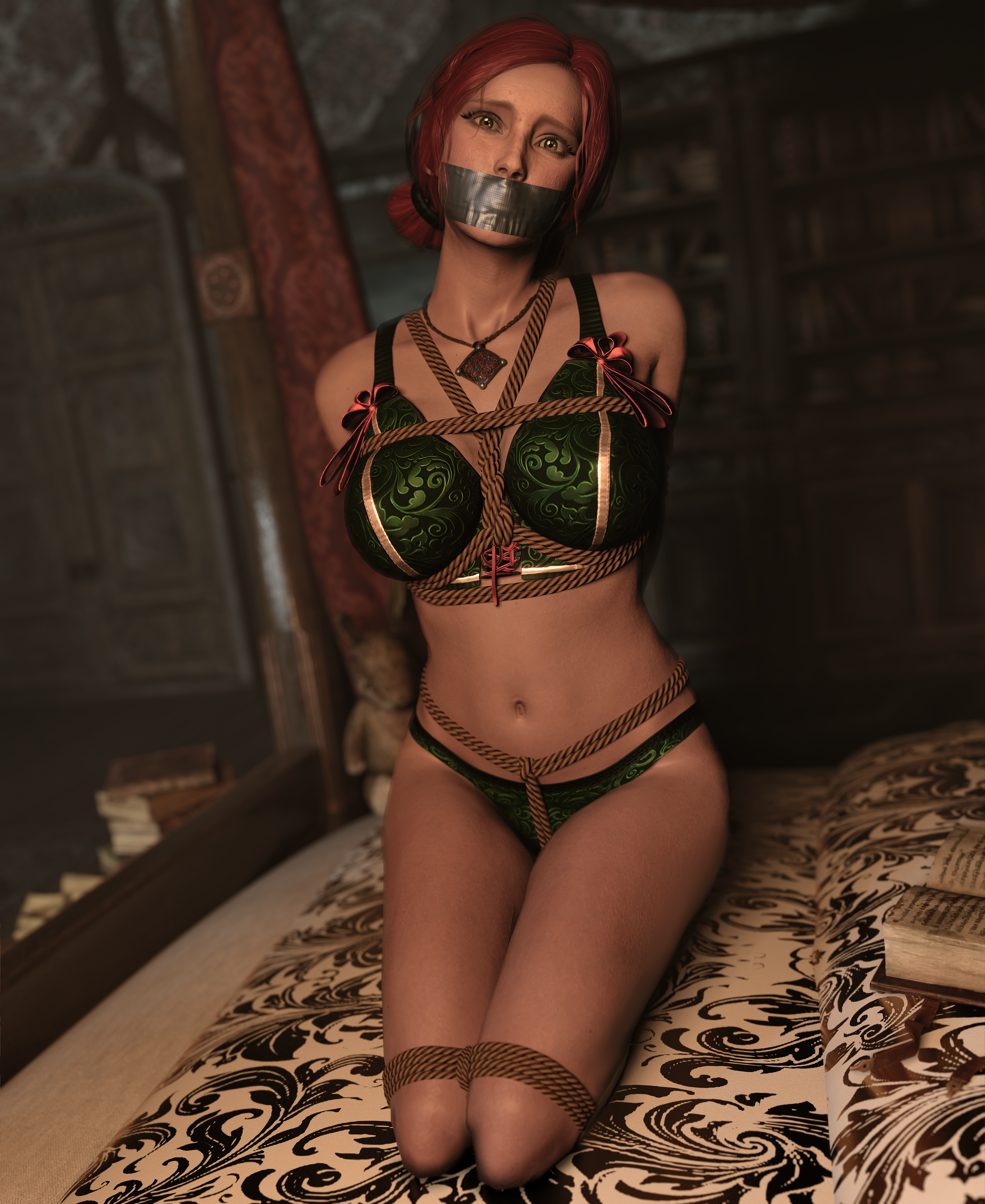 1girls, 3d, arms behind back, bondage, bound, bound legs, bra, cd projekt red, female, gag, gagged, gamesgirlsbondage, green bra, green panties, panties, red hair, rope, rope bondage, solo, solo female, tape gag, the witcher, the witcher (series), the witcher 2, the witcher 3: wild hunt, triss merigold, underwear