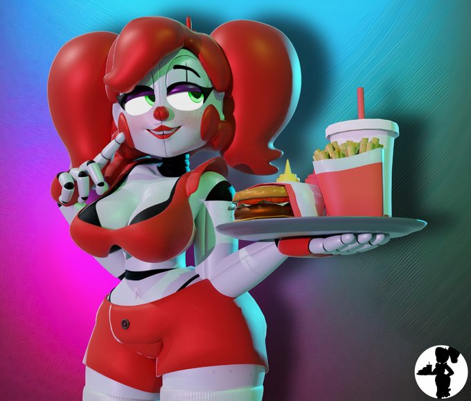 1girls, 3d, baby (fnafsl), bra, bra cups sticking out, circus baby, circus baby (fnaf), female, female only, fingerless gloves, five nights at freddy's, five nights at freddy's: sister location, food, green eyes, hand on cheek, looking away, robot, so87baby, solo, solo female, summer of 87 baby, tagme, tray, waitress