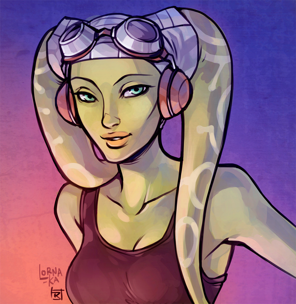 1girls big_breasts breasts cleavage female_focus female_only green_eyes hera_syndulla hi_res looking_at_viewer lorna-ka pose simple_background smile solo star_wars star_wars_rebels twi'lek watermark