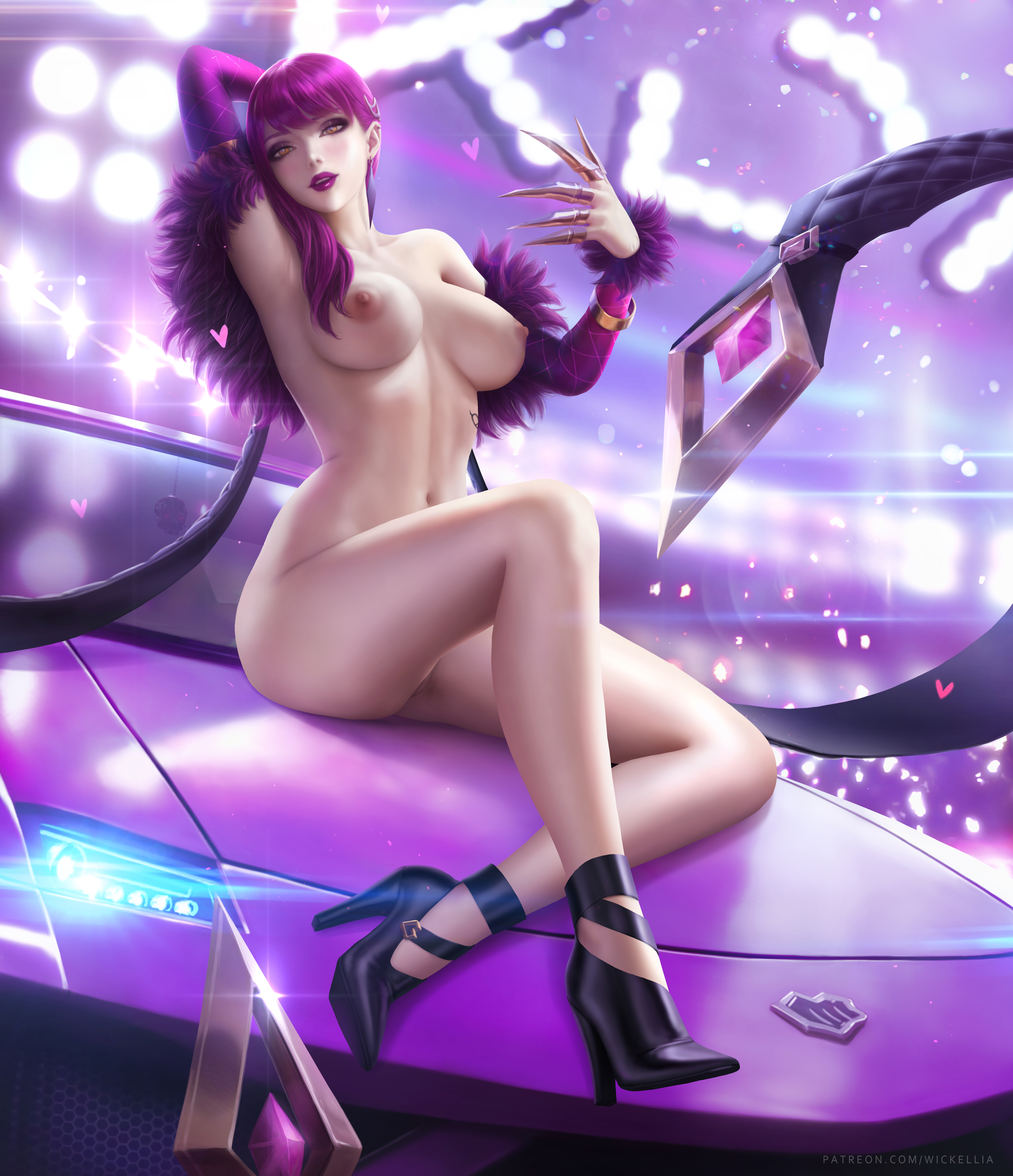1girls, absurd res, arm behind head, bracelet, breasts, car, detached sleeves, earrings, evelynn, eyeshadow, female, female focus, female only, finger claws, high heels, highres, k/da evelynn, k/da series, league of legends, lipstick, looking at viewer, makeup, medium breasts, mostly nude, naked footwear, no eyewear, pale skin, pale-skinned female, pose, purple eyeshadow, purple hair, purple lipstick, solo, solo female, succubus, tagme, wickellia, yellow eyes