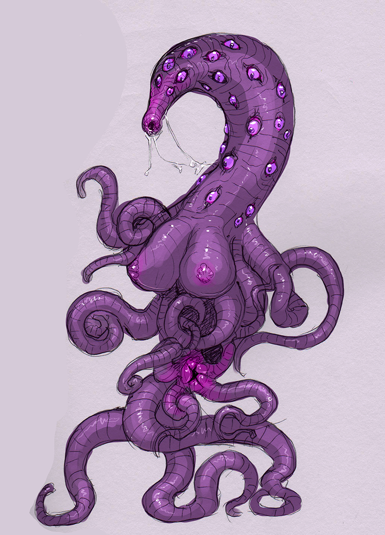 alien animal_genitalia big_breasts bodily_fluids breasts cloaca female genital_fluids genitals long_neck meandraco monster multi_eye not_furry nude open_mouth purple_body purple_eyes simple_background solo tentacle