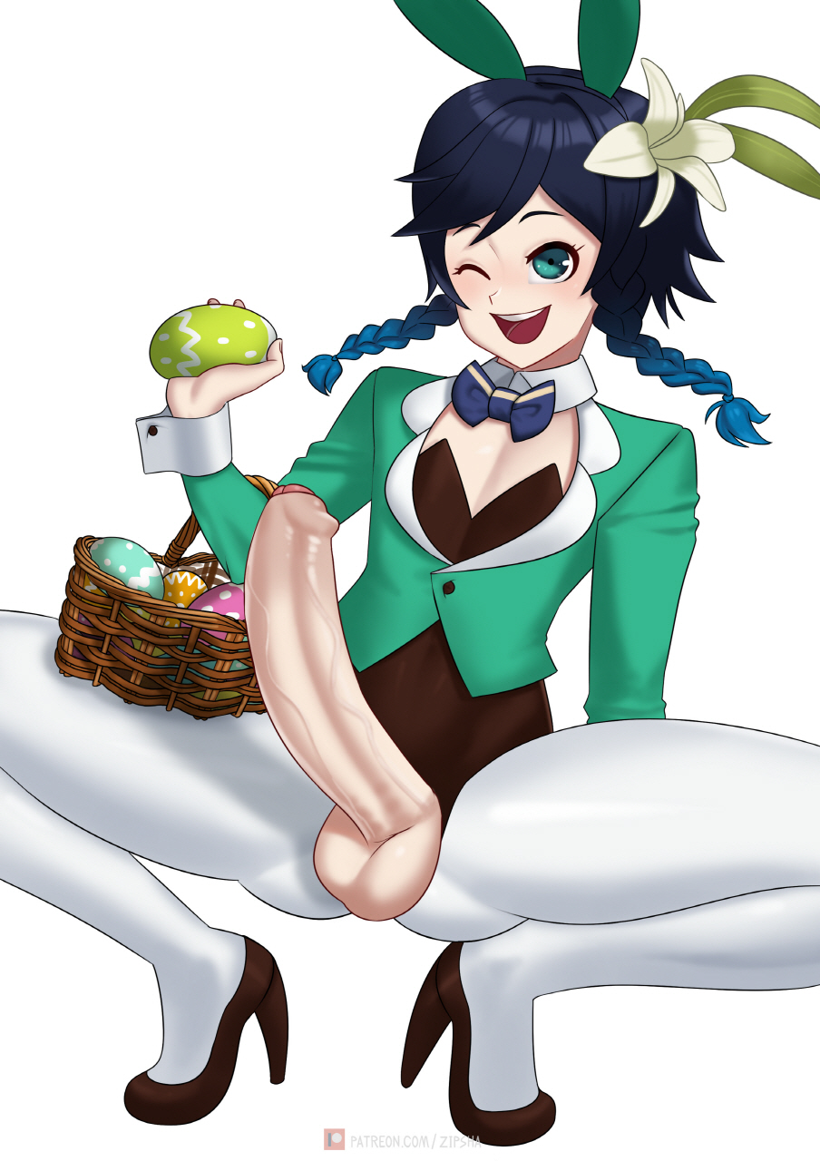 big_penis black_hair blue_eyes blue_hair bubble_ass bubble_butt genshin_impact happy_easter long_hair looking_at_viewer solo_male venti_(genshin_impact) wide_hips wide_thighs zipsha