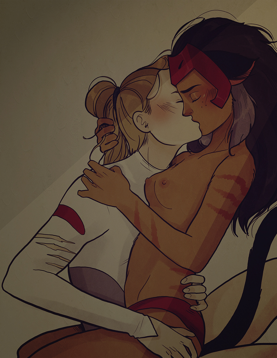 2girls, adora, arm around waist, blonde female, blonde hair, blushing, breasts, brown hair, bunnykyu, canon couple, cat girl, cat tail, catgirl, catra, closed eyes, embrace, female, female only, light skin, light-skinned female, long hair, panties, ponytail, romantic, she-ra and the princesses of power, simple background, small breasts, straight hair, tail, tan skin, tan skinned female, tied hair, topless, torn clothes, wholesome, yuri