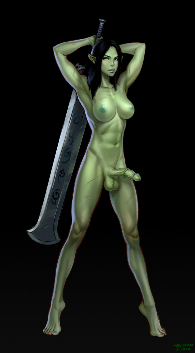 1futa abs armpits arms_behind_head arms_up atomx barefoot big_penis black_background black_hair breasts fit futa_only futanari green_skin huge_weapon medium_breasts navel nipples nude orc orc_futanari original penis pointy_ears simple_background solo solo_futa sword testicles tiptoes toned tusks weapon