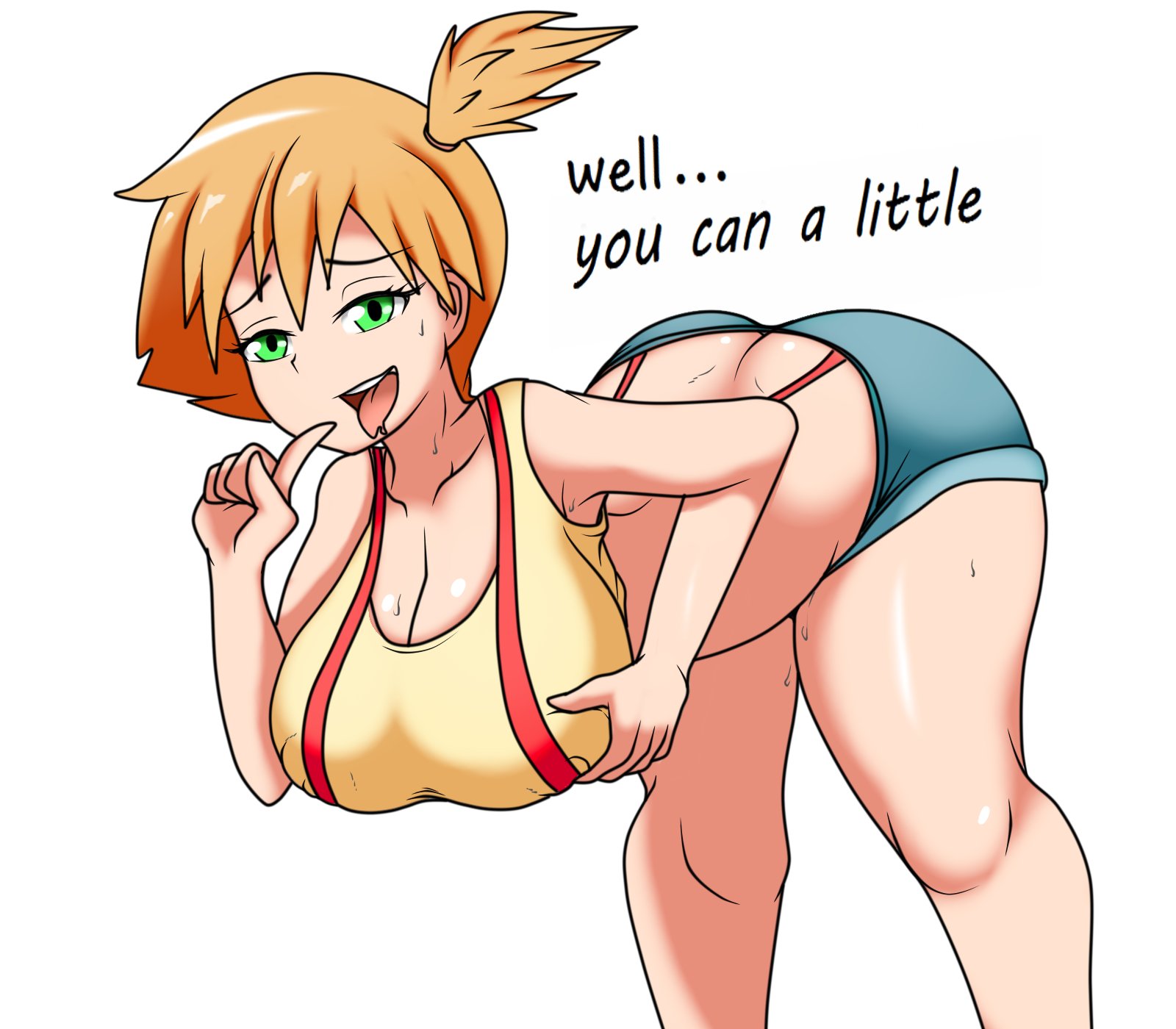 1girls, alternate breast size, ass, ass cleavage, ass crack, back, big ass, big breasts, big butt, booty shorts, breasts, butt crack, cleavage, cucarachaaa, english text, female, female only, green eyes, horny, horny female, huge breasts, kasumi (pokemon), large breasts, legs, misty (pokemon), oral invitation, orange hair, pokemon, pokemon rgby, red hair, shorts, solo, stop thinking about sex, text, thick, thick ass, thick thighs, thighs, tongue, tongue out