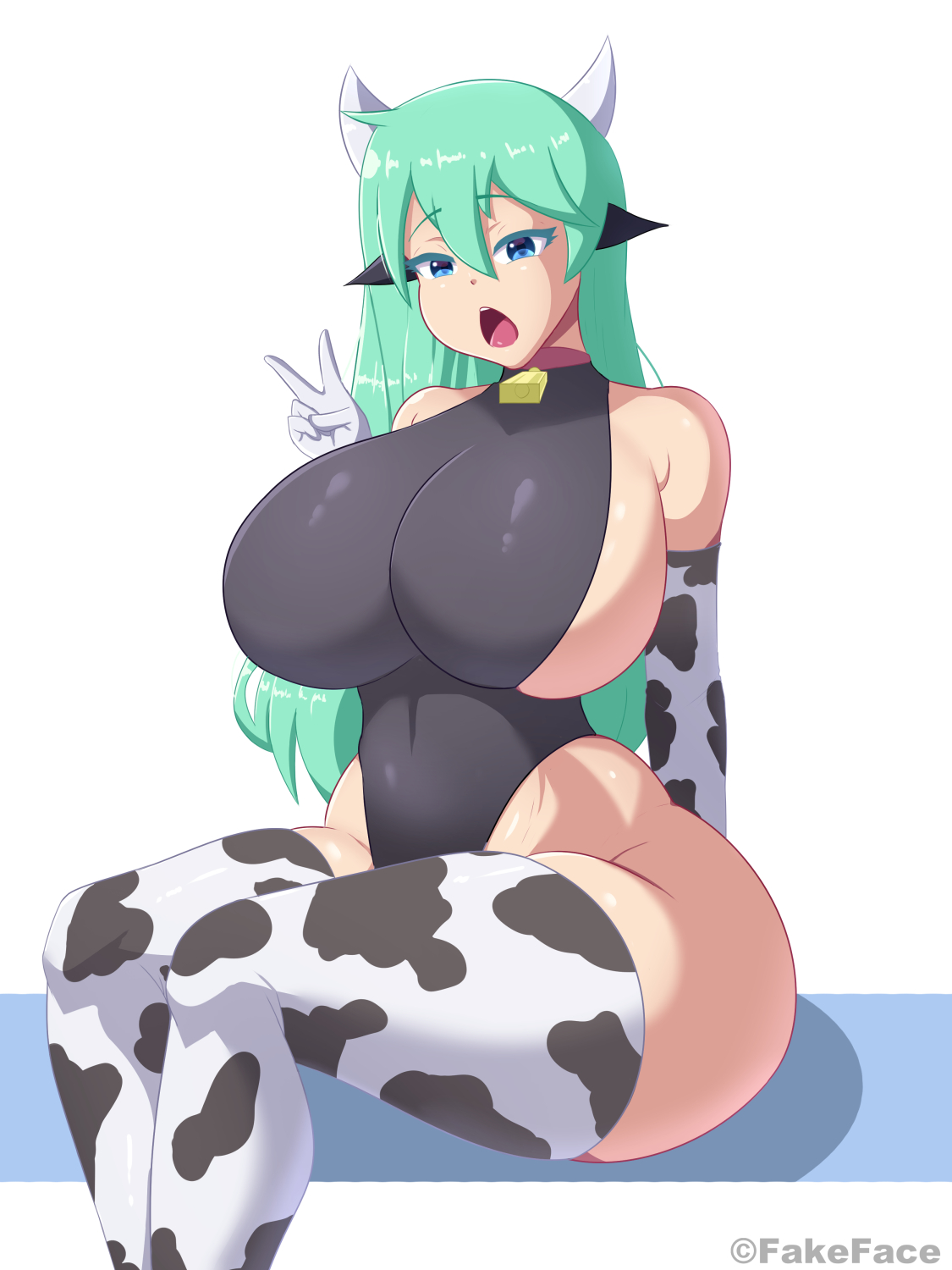 1girls, 2021, ass, bovine, breasts, cow print, fake face, female, hips, huge ass, huge breasts, original character, peace sign, solo female, thick thighs, thighs, v, voluptuous, wide hips, year of the ox
