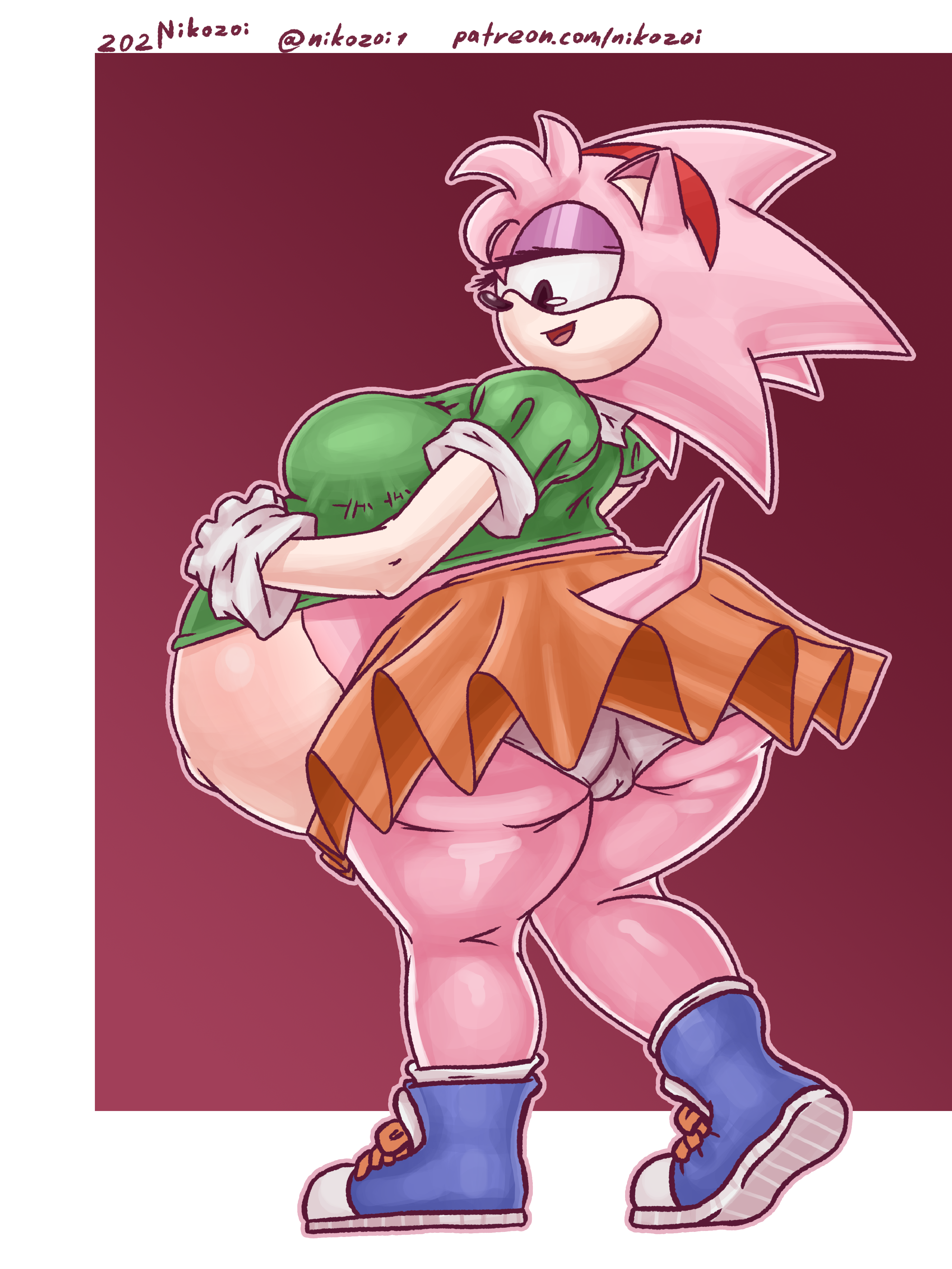 2021, amy rose, chubby, classic amy rose, clothed, clothes, clothing, fat, female, gloves, nikozoi, panties, pregnancy, pregnant, pregnant belly, ready to pop, simple background, skirt, sneakers, sonic (series), sonic the hedgehog (series), tail