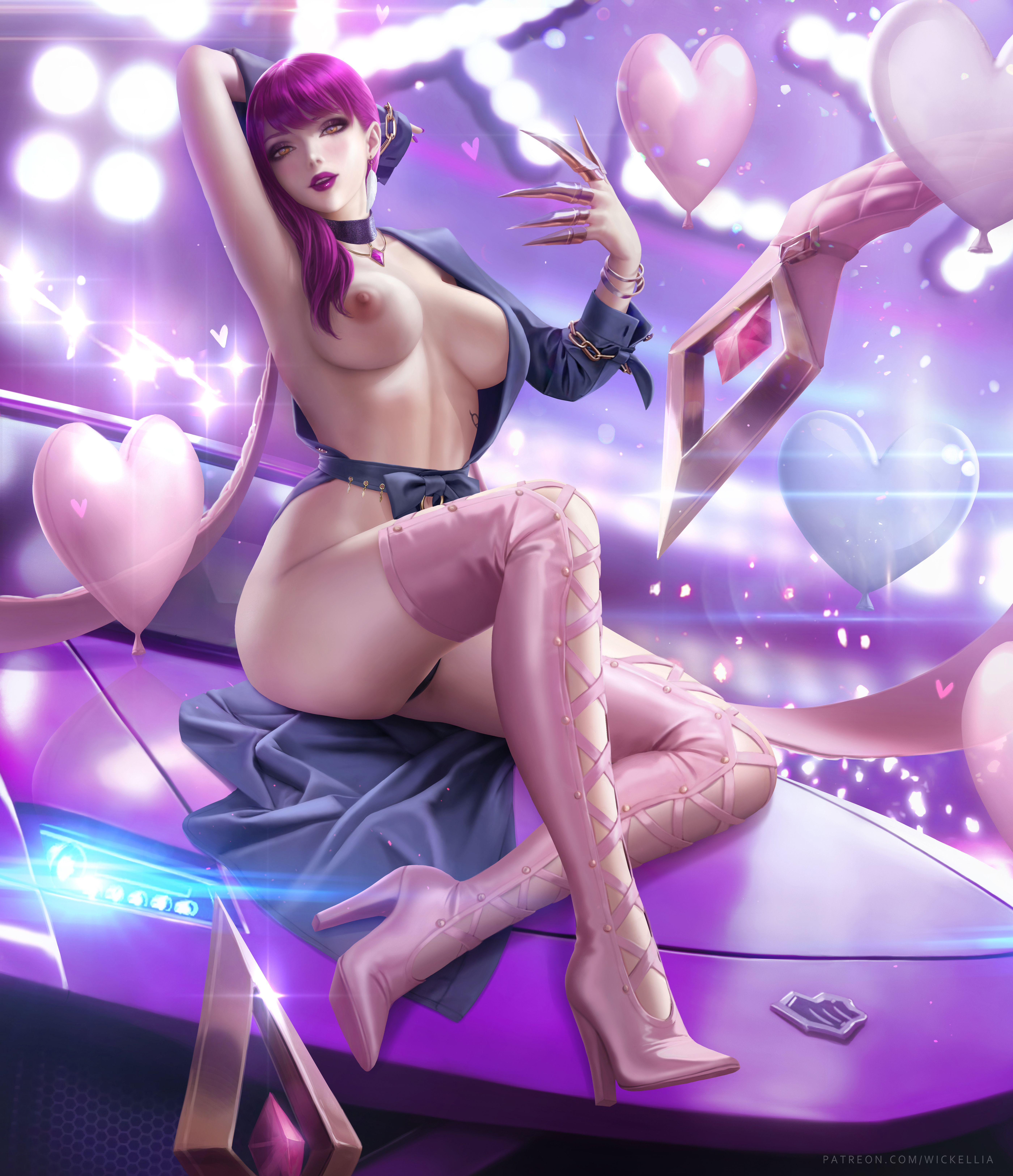 breasts, evelynn, exposed breasts, female, high heel boots, high heels, k/da evelynn, k/da series, league of legends, long nails, looking at viewer, no eyewear, solo female, tagme, wickellia