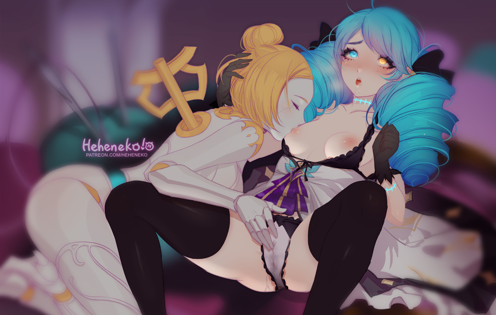 2girls blue_hair blush breast_sucking breasts cameltoe eyes_rolling_back fingering gwen_(league_of_legends) hand_on_head heheneko heterochromia league_of_legends looking_pleasured multiple_girls nipples orianna panties pussy_juice riot_games robot_girl saliva spread_legs thighhighs twin_drills twintails wet_panties white_panties yuri