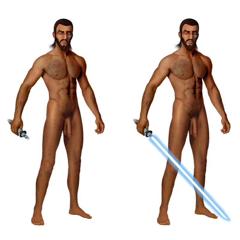 1boy balls big_balls big_penis cdpetee flaccid hairy_male hi_res kanan_jarrus light-skinned_male lightsaber looking_at_viewer male_focus male_only pubic_hair short_hair simple_background solo standing star_wars star_wars_rebels white_background