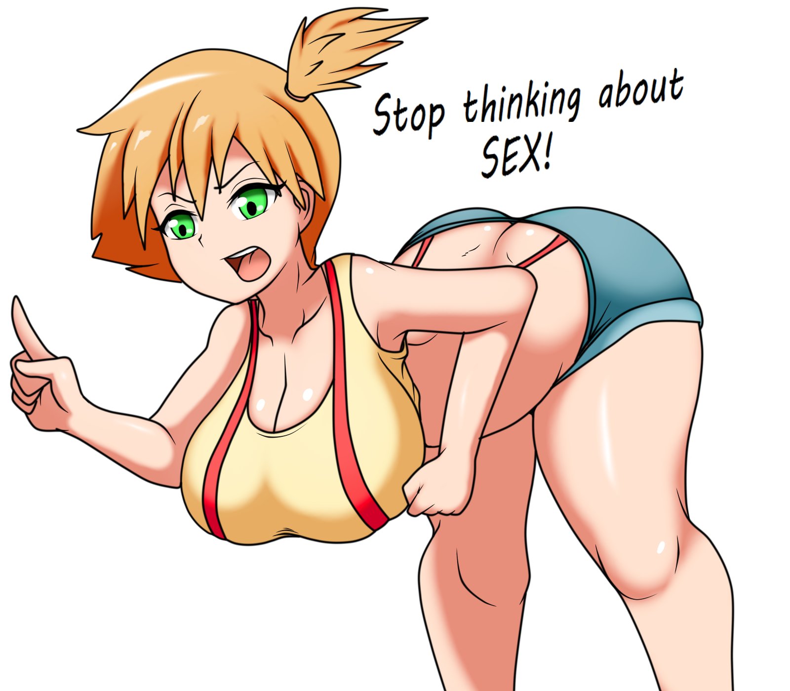 1girls, alternate breast size, ass, back, big breasts, breasts, cucarachaaa, english text, female, female only, green eyes, huge breasts, kasumi (pokemon), large breasts, legs, misty (pokemon), orange hair, pokemon, pokemon rgby, red hair, solo, stop thinking about sex, text, thick, thick thighs, thighs