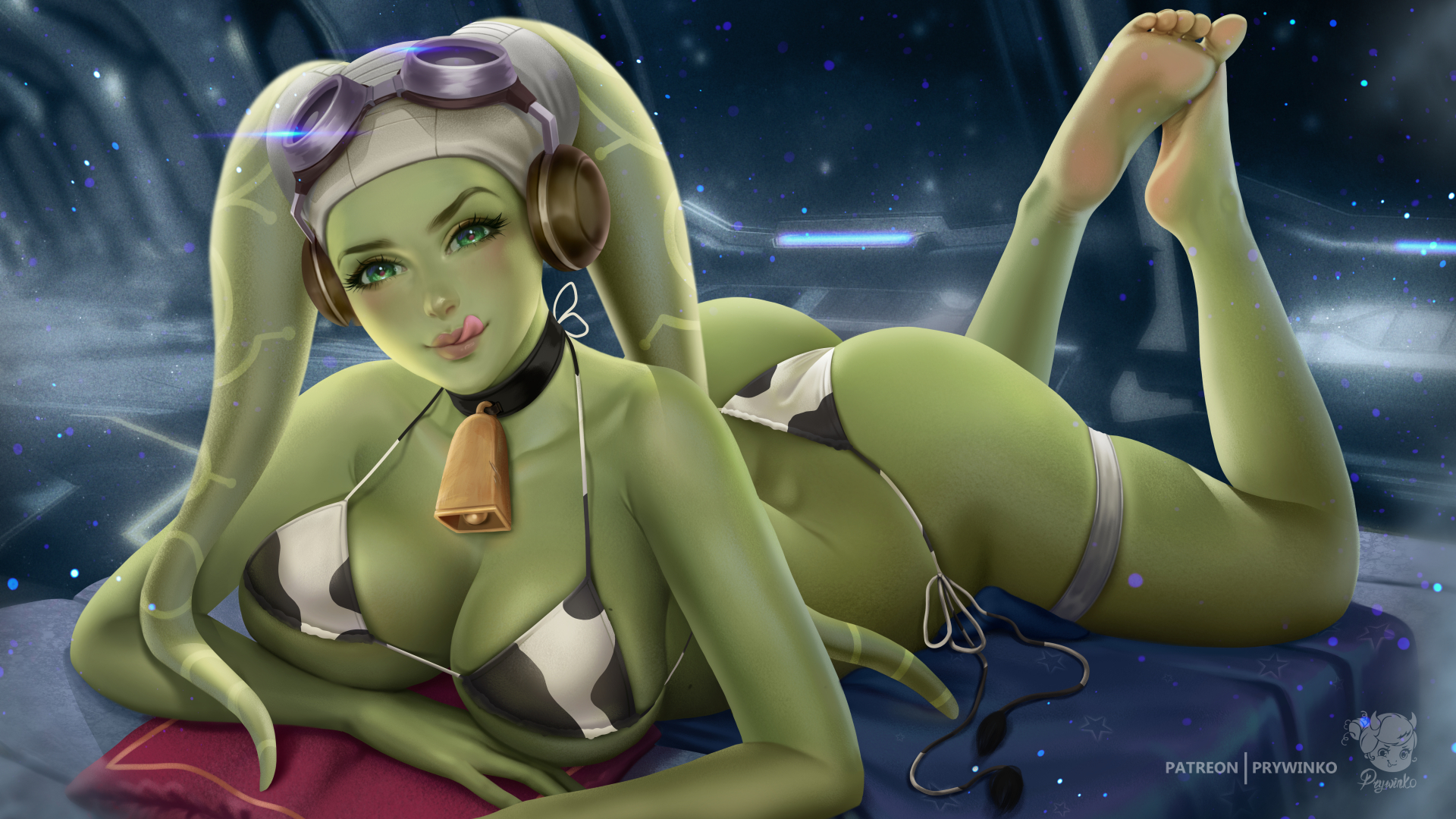 1girls, ass, big ass, big breasts, bikini, breasts, cleavage, clothed, clothing, curvy, female, female focus, female only, green eyes, hera syndulla, hi res, looking at viewer, pose, prywinko, revealing clothes, simple background, smile, solo, star wars, star wars rebels, twi'lek