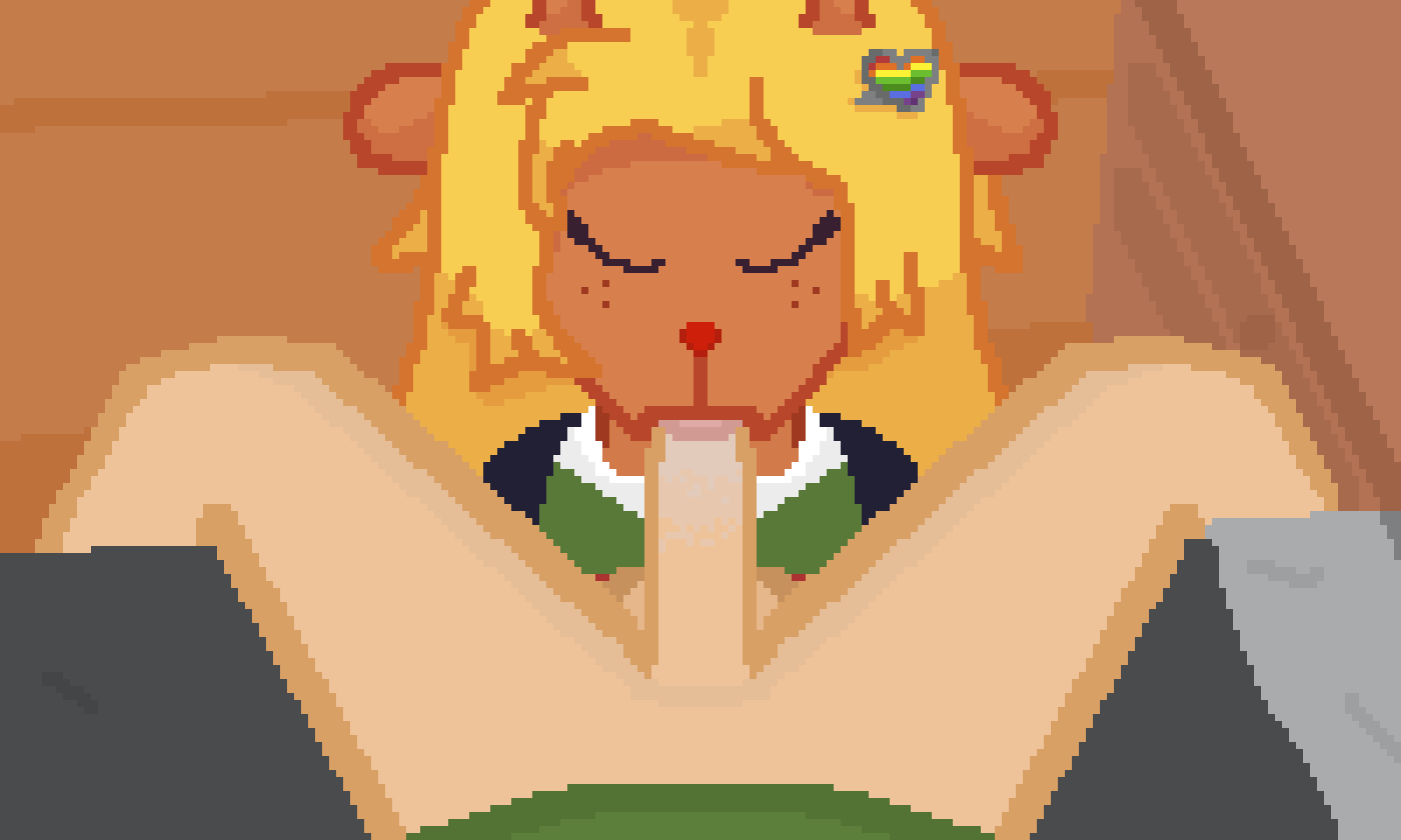 1boy, 1girls, animated, antlers, bedroom, blonde hair, blowjob, brown fur, closed eyes, deltarune, dominant anthro, dominant female, female, furry on human, interspecies, kneeling, kris (deltarune), male, male pov, mammal, noelle holiday, on bed, on knees, oral, papermoonqueen, pixel animation, pixel art, pov, straight, submissive female, submissive human, submissive male, yellow hair