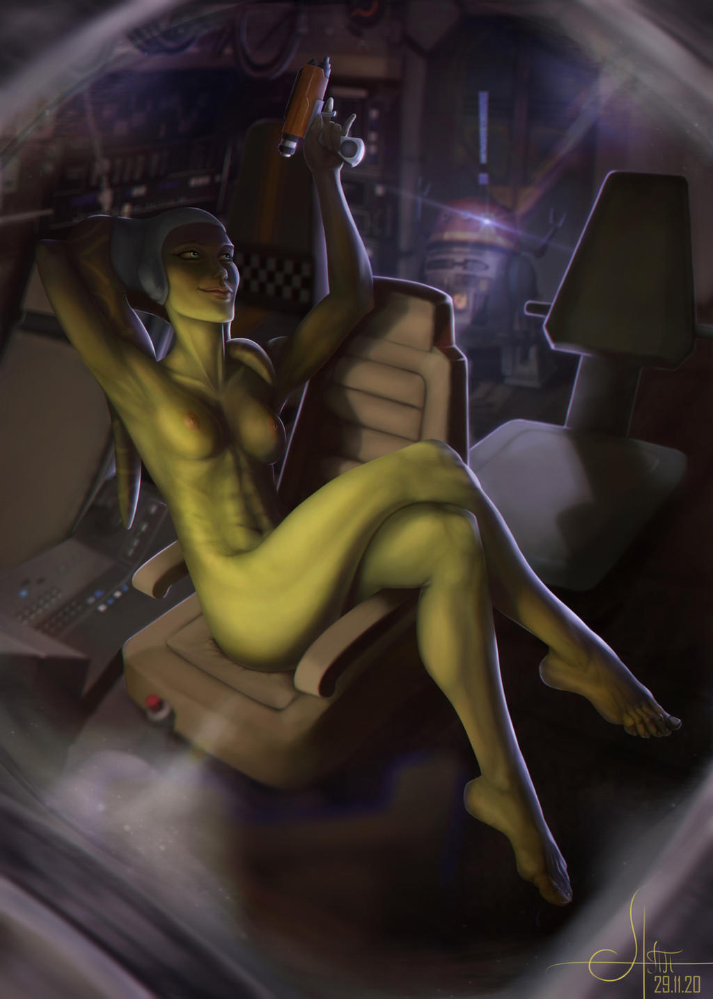 1boy 1girls 1vladislav 2020 abs areolae arm_behind_head arm_up athletic athletic_female background barefoot breasts chopper_(star_wars) dated detailed_background feet female female_focus female_only ghost_(spaceship) green_eyes green_skin gun happy headgear_only hera_syndulla hi_res holding_gun holding_object holding_weapon light looking_up mostly_nude muscular muscular_female naked_headwear nipples nude nude_female nudity partially_clothed pistol pose ranged_weapon realistic robot science_fiction side_view signature sitting small_breasts smile solo solo_focus star_wars star_wars_rebels tentacle tentacle_hair twi'lek weapon wide_hips