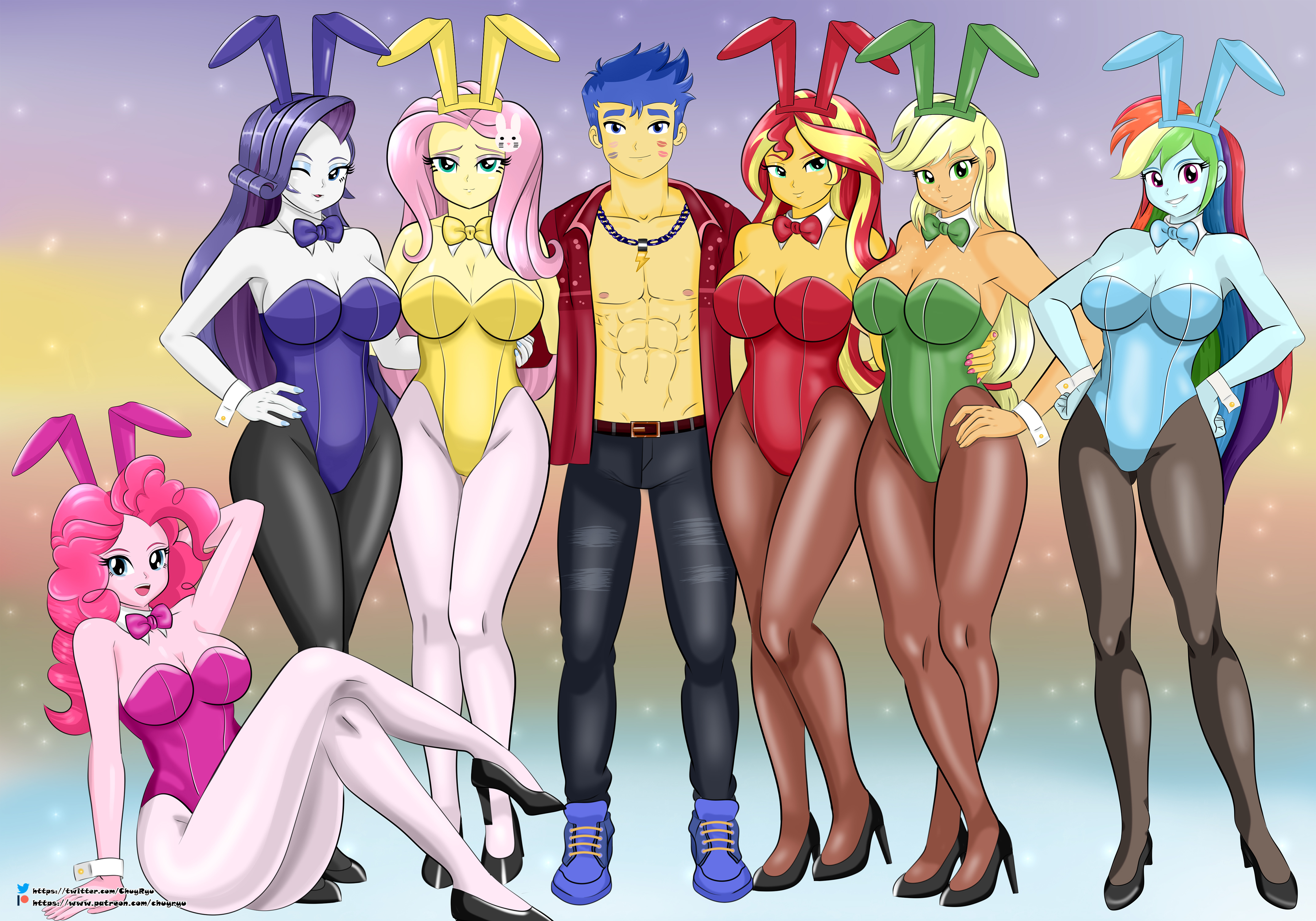 1boy, 6girls, applejack (eg), applejack (mlp), armpits, bare chest, big breasts, breasts, bunny ears, bunnysuit, chuyryu, cleavage, easter, equestria girls, female, flash sentry, flash sentry (eg), fluttershy (eg), fluttershy (mlp), friendship is magic, harem, hasbro, hi res, high heels, highres, kiss mark, large breasts, leotard, lipstick, male, my little pony, nail polish, open shirt, pantyhose, pink hair, pinkie pie (eg), pinkie pie (mlp), playboy bunny, playboy bunny leotard, rainbow dash (eg), rainbow dash (mlp), rarity (eg), rarity (mlp), smooth skin, sunset shimmer