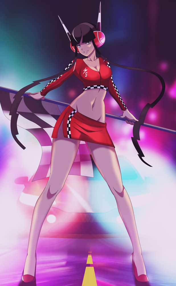 1girls big_breasts black_hair blue_eyes blurry_background breasts checkered_flag crop_top elesa_(pokemon) elesa_(pokemon_bw2) female headlights headphones high_heels holding_flag large_breasts long_hair long_legs looking_at_viewer midriff navel nintendo no_eyewear pokemon pokemon_bw pokemon_bw2 race_car race_queen red_clothing red_crop_top red_high_heels red_skirt side_slit skirt slender slender_legs solo thighs twintails vivivoovoo