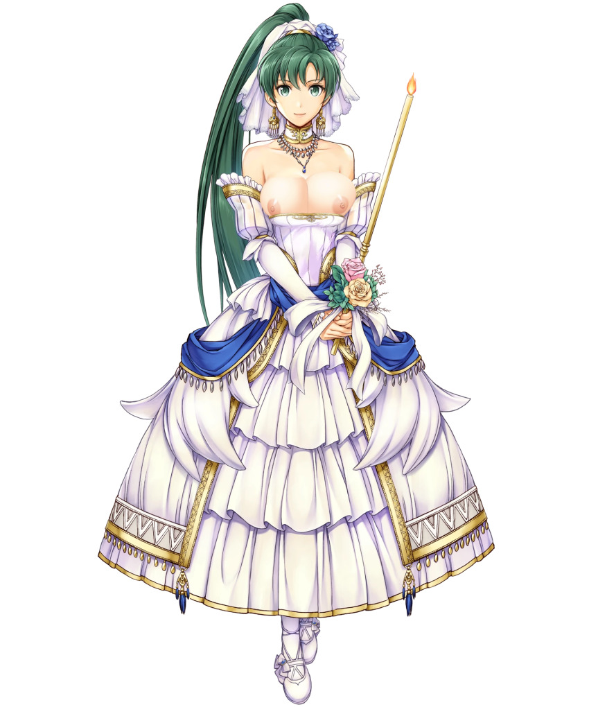 1girls beazy beesama bouquet breasts breasts_out bride candle choker circle_dress dress earrings edit fire_emblem fire_emblem:_the_blazing_blade fire_emblem_heroes flower gloves green_eyes green_hair highres jewelry long_dress long_hair looking_at_viewer lyn_(bridal)_(fire_emblem) lyn_(fire_emblem) lyndis_(fire_emblem) nintendo nude_edit nude_filter ponytail shirt_down simple_background slippers smile third-party_edit very_long_hair wedding_dress white_background white_dress