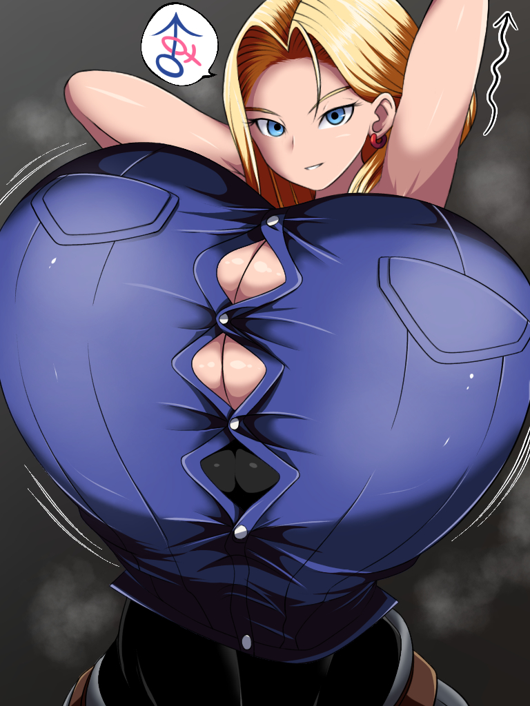 1girls, about to burst, about to pop, android 18, ass, barely contained, barely contained breasts, barely fits, blonde hair, blue eyes, breasts, breasts too big, button down shirt, button gap, buttons, cleavage, curvy, dragon ball, dragon ball z, erect nipples, female, gigantic breasts, huge areolae, huge ass, huge breasts, imminent wardrobe malfunction, milf, nipples, norio (pheromosa times), puffy nipples, short hair, shounen jump, strained buttons, straining buttons, straining clothing, thick lips, tight fit, tight fitting clothing, undersized clothes, undersized clothing, voluptuous, wide hips