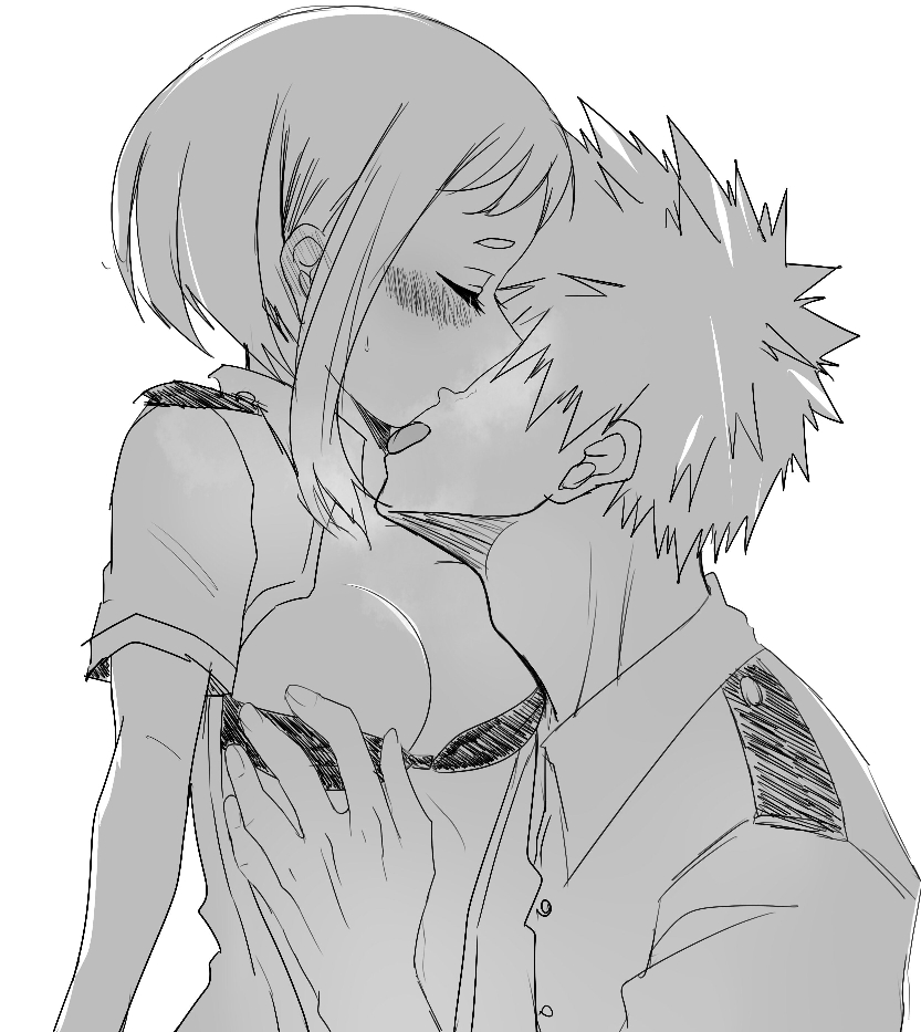 1boy 1boy1girl 1girls blush blushing bra grchloex groping_breasts hetero katsuki_bakugou kissing licking_neck male/female monochrome my_hero_academia ochako_uraraka straight undressing