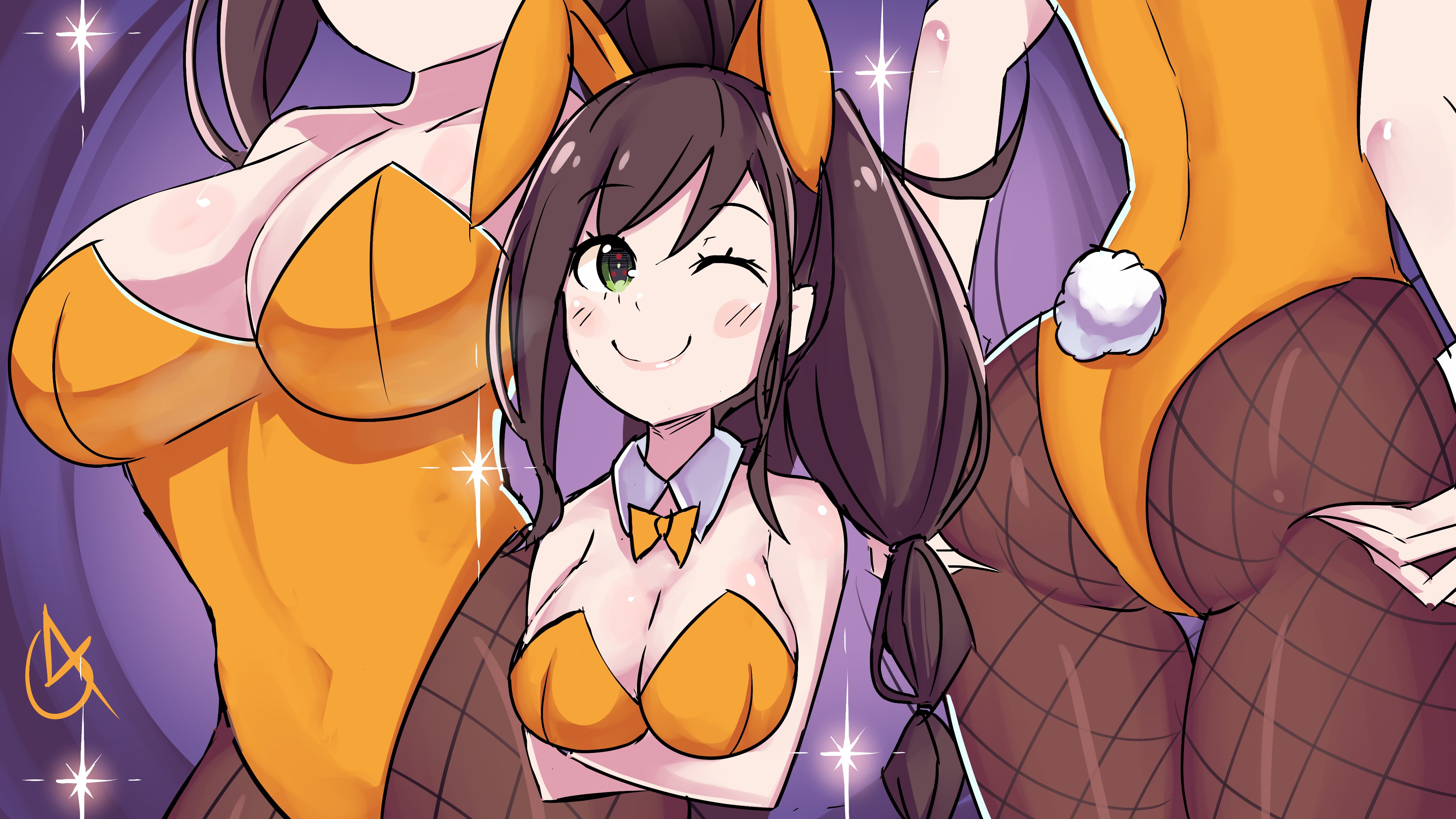 16:9 aspect ratio, animal ears, ass, ass grab, braid, breasts, brown hair, bunny ears, bunnysuit, cleavage, female, female only, gear art, green eyes, groping, high resolution, large breasts, long hair, looking at viewer, multiple views, one eye closed, re:zero kara hajimeru isekai seikatsu, shaula (re:zero), sidelocks, single braid, smug, solo, solo female, symbol-shaped pupils, tied hair, very high resolution, wink