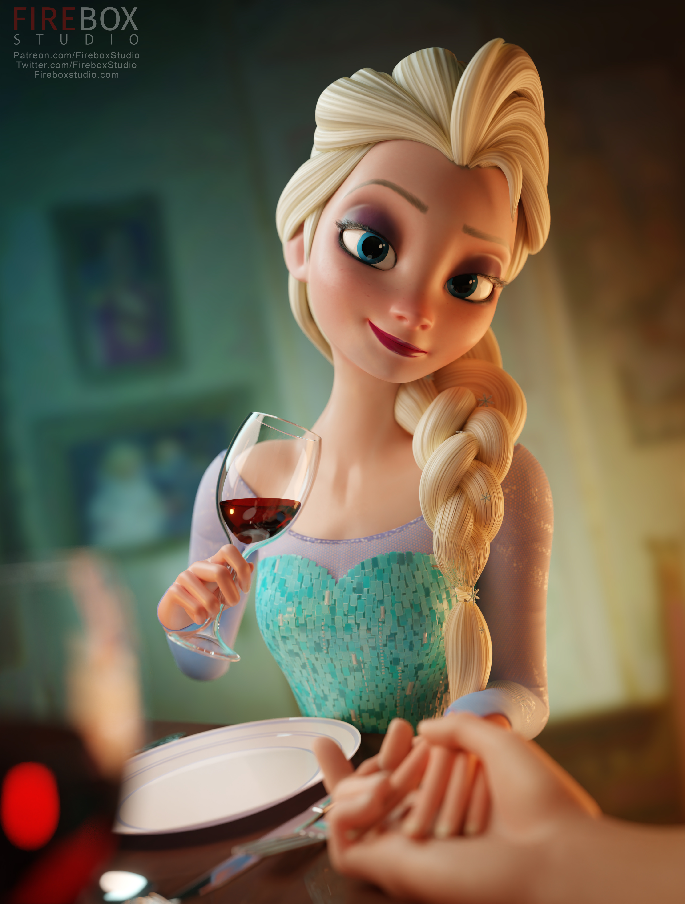 1boy, 1girls, 3d, blonde hair, blue eyes, boobs, braided ponytail, breasts, clothing, disney, elsa (frozen), eyeshadow, female, fireboxstudio, frozen (film), hand holding, hetero, lipstick, male, pov, small breasts, smile, unseen male face, very high resolution, wholesome, wine, wine glass