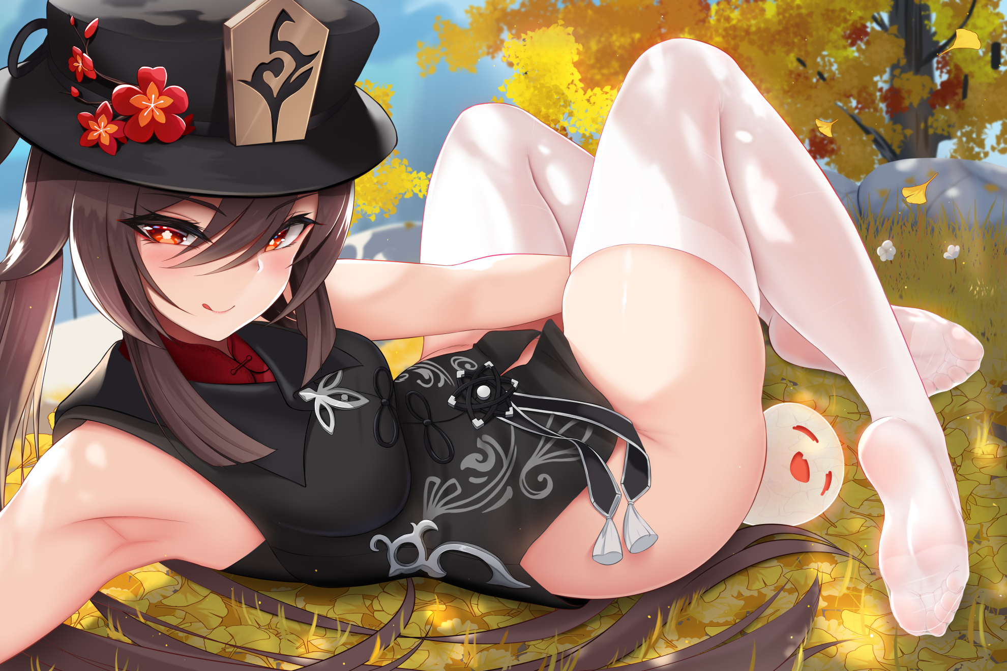 :p, 1girls, armpits, ass smothering, blush, boo tao (genshin impact), breasts, brown hair, chinese clothes, damao yu, feet, female, genshin impact, ghost, happy, hat, hi res, hu tao (genshin impact), naughty face, no panties, red eyes, selfie, sleeveless, socks, sole, stockings, thick thighs, thighhighs, thighs, toes, tongue, twintails