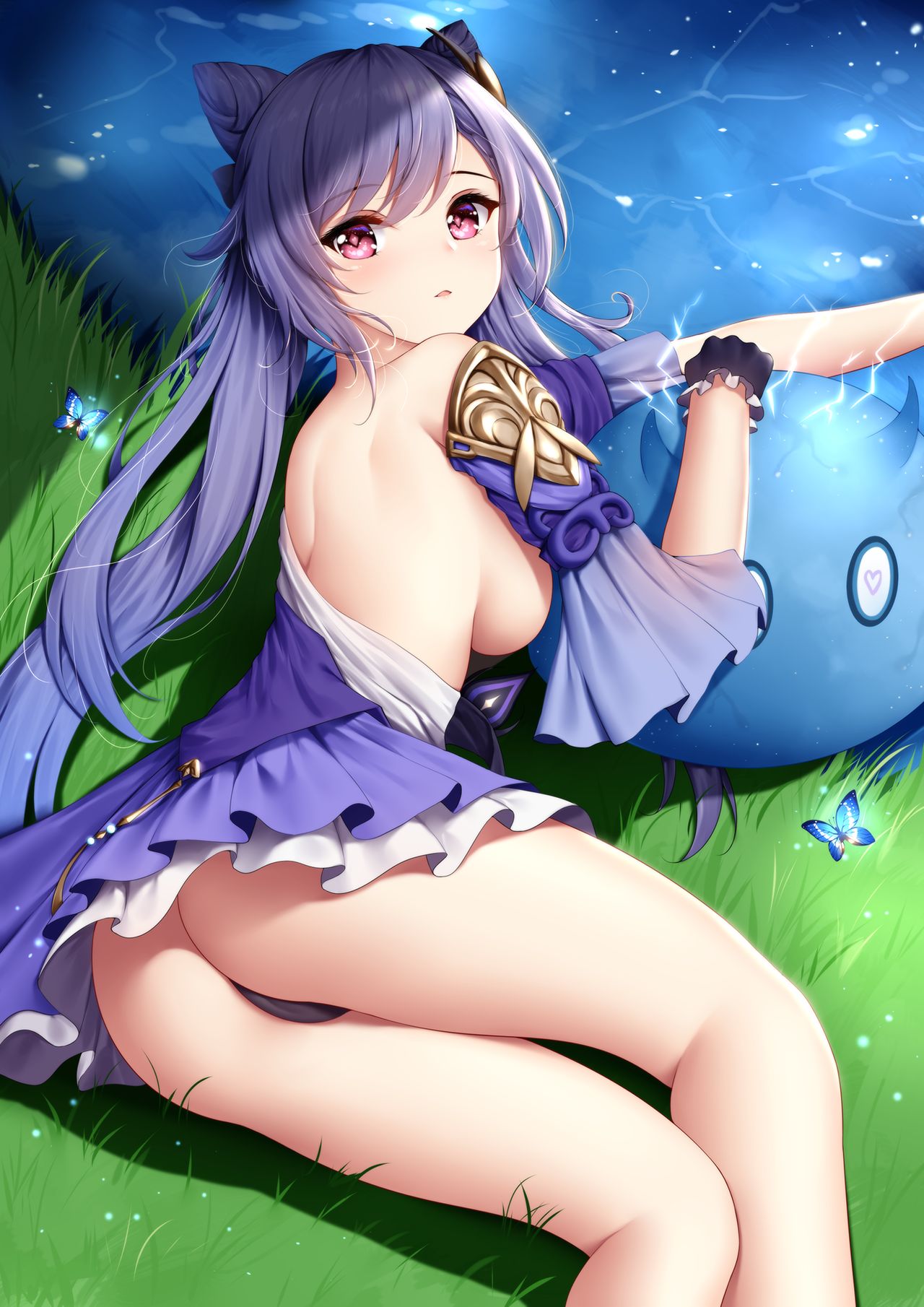 1girls, ass, big ass, big breasts, breasts, breasts out, dress, female, genshin impact, gloves, keqing (genshin impact), looking at viewer, ornament, panties, partially clothed, pink eyes, purple hair, slime, slime (genshin impact), twin braids, twintails, wsman