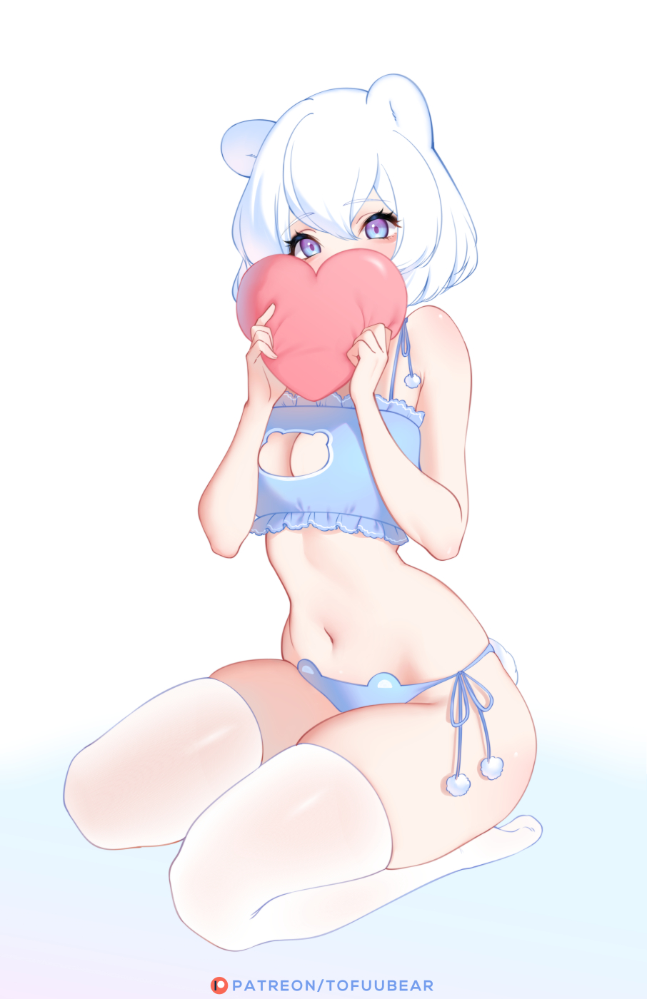 animal ears, bra, cat girl, cat lingerie, catgirl, cleavage, cleavage cutout, cushion, cute, female, hair between eyes, heart, lingerie, original, panties, patreon, purple eyes, short hair, side-tie panties, sitting, skindentation, stockings, tofuu chan (tofuubear), tofuubear, white hair
