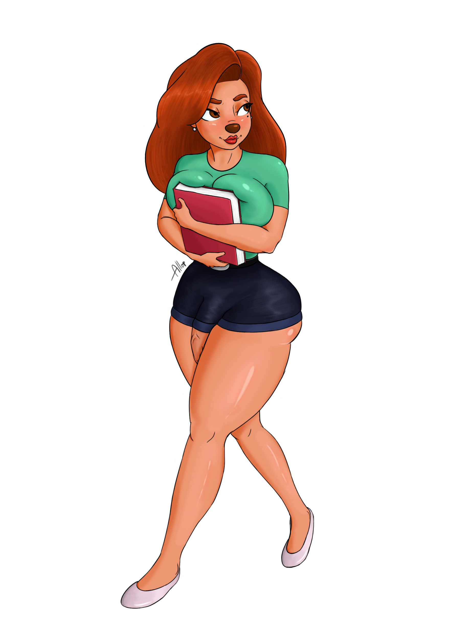 1futa, allop, anthro, ass, big breasts, book, breast press, breast squeeze, breasts, bubble ass, bubble butt, canine, dickgirl, disney, exposed, exposed penis, flaccid, futa only, futanari, goof troop, hourglass figure, huge breasts, intersex, penis, penis out, red hair, roxanne (goof troop), small clothes, thick thighs, wardrobe malfunction, wide hips