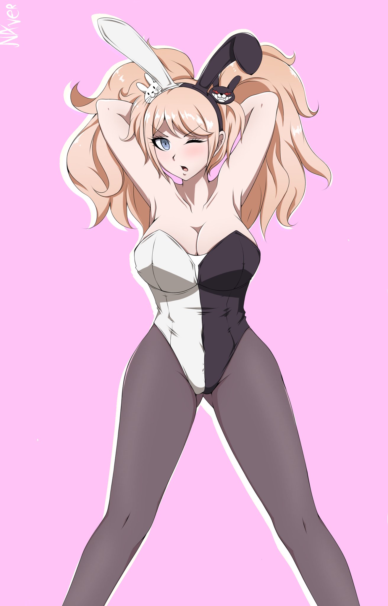big breasts, black legwear, black tights, blonde hair, blue eyes, blush, breasts, bunny ears, bunny girl, bunnysuit, cleavage, colored, curvy, danganronpa, danganronpa 1, danganronpa: trigger happy havoc, eyelashes, female, gyaru, hands behind head, junko enoshima, leotard, long hair, naver, simple background, straight hair, thick thighs, tights, twintails, voluptuous, wink, winking, winking at viewer