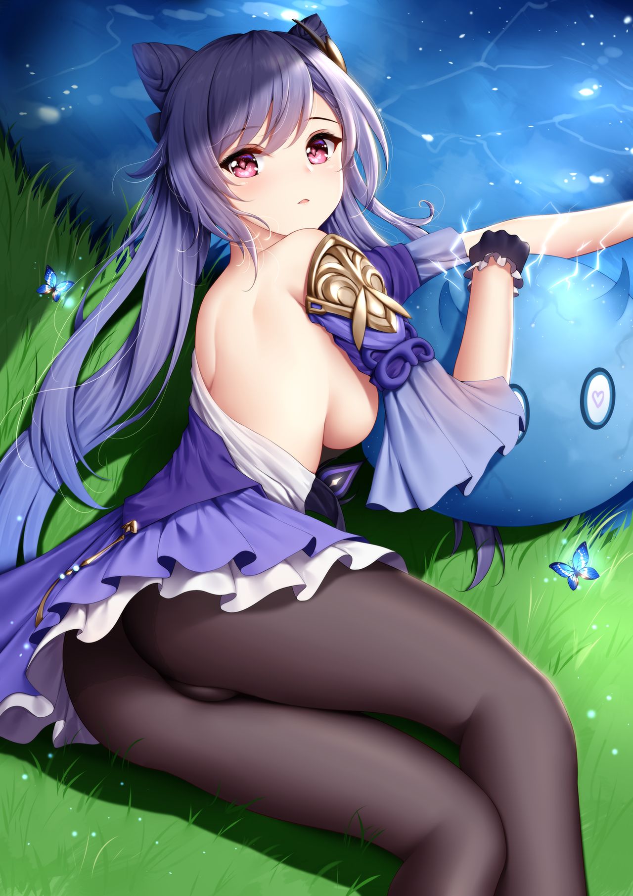 1girls, ass, big ass, big breasts, breasts, breasts out, dress, female, genshin impact, gloves, keqing (genshin impact), looking at viewer, ornament, pantyhose, partially clothed, pink eyes, purple hair, slime, slime (genshin impact), twin braids, twintails, wsman